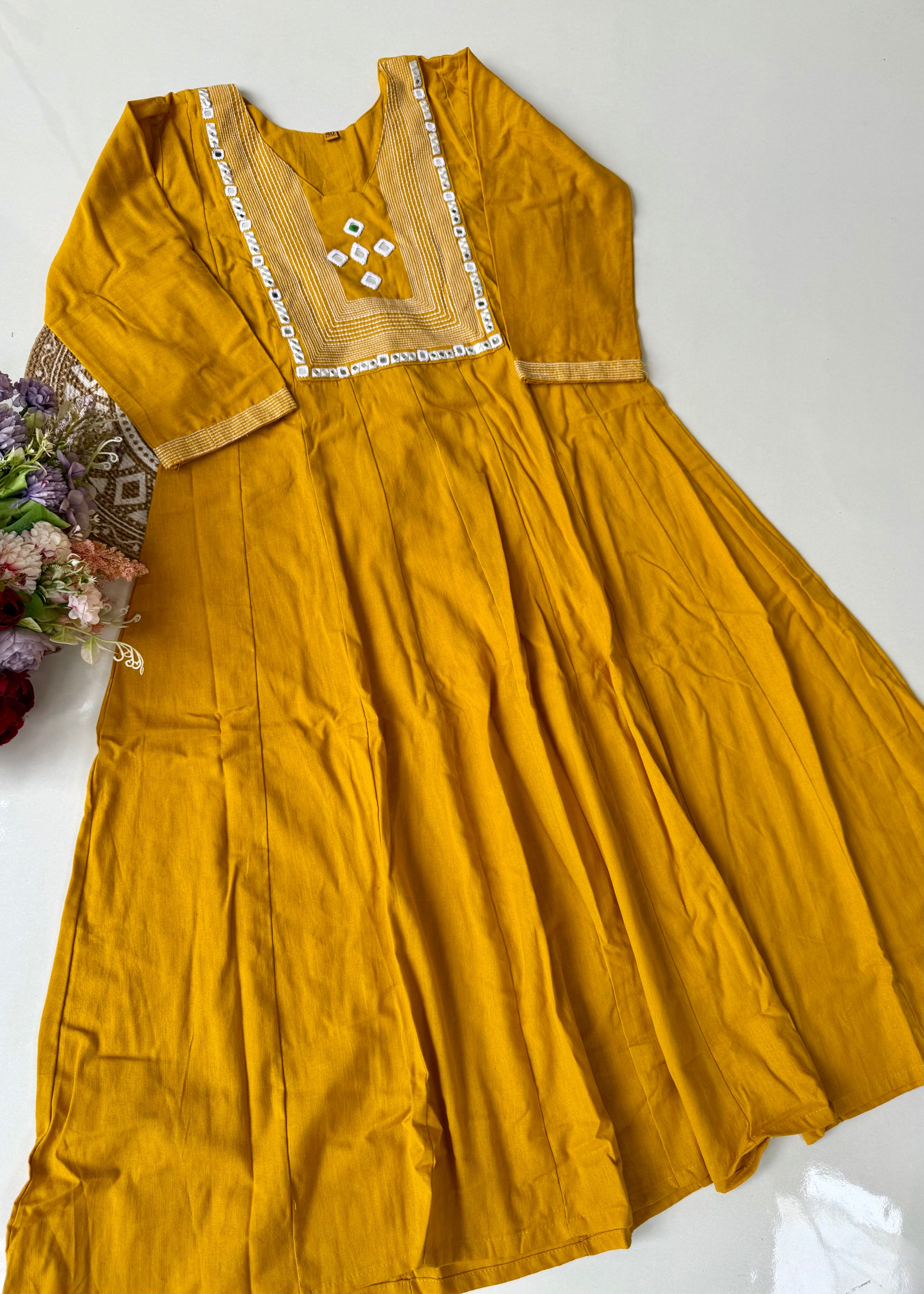“IRYA" Yellow Mirror work cotton Anarkali kurta set