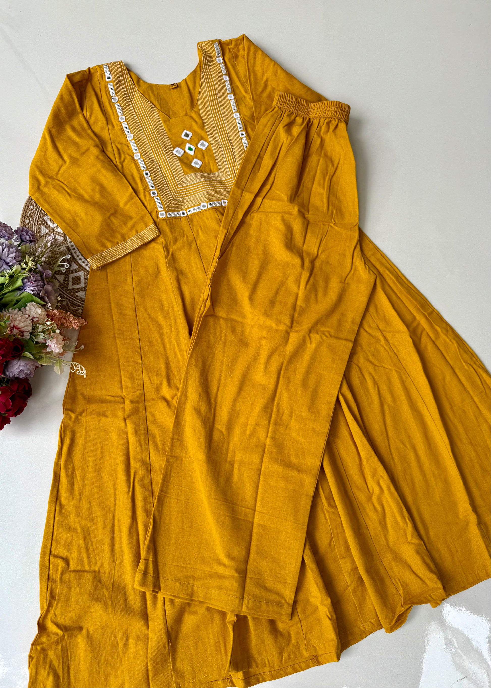 “IRYA" Yellow Mirror work cotton Anarkali kurta set