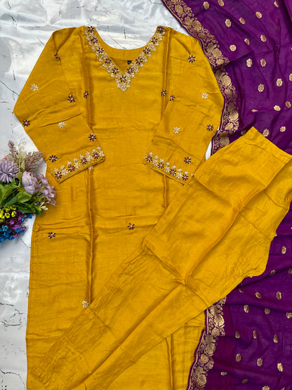 “Anannya” Beautiful Yellow V neck dola silk kurta set