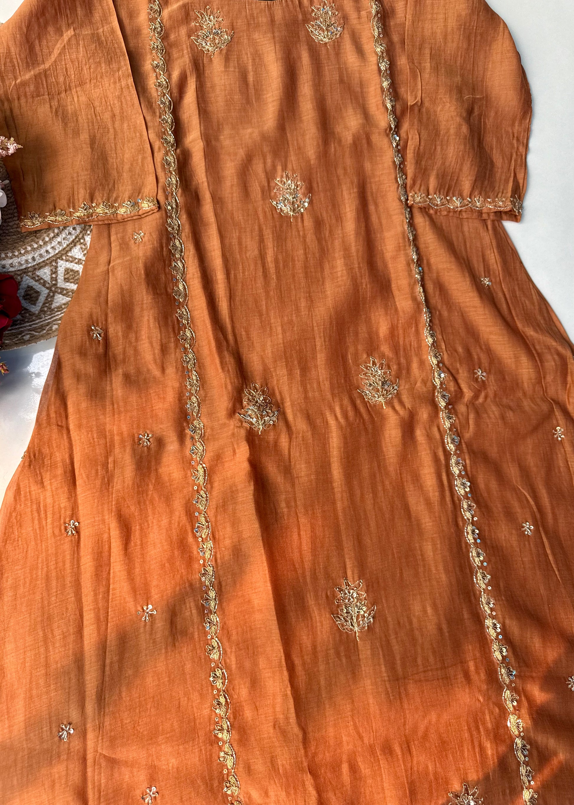 “Ujjwal” Copper Brown Mul Chanderi A Line Suit set 🛍️