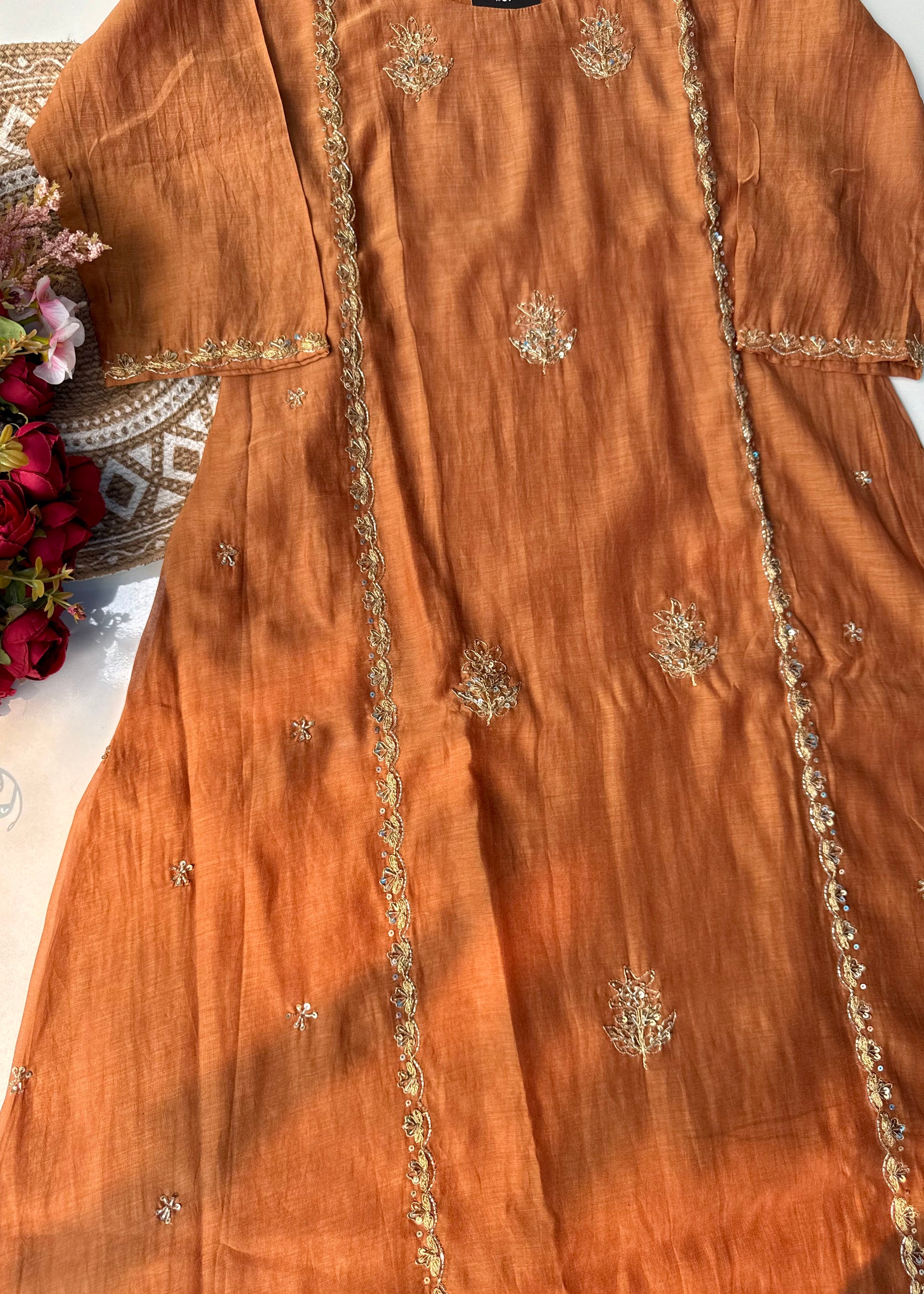 “Ujjwal” Copper Brown Mul Chanderi A Line Suit set 🛍️