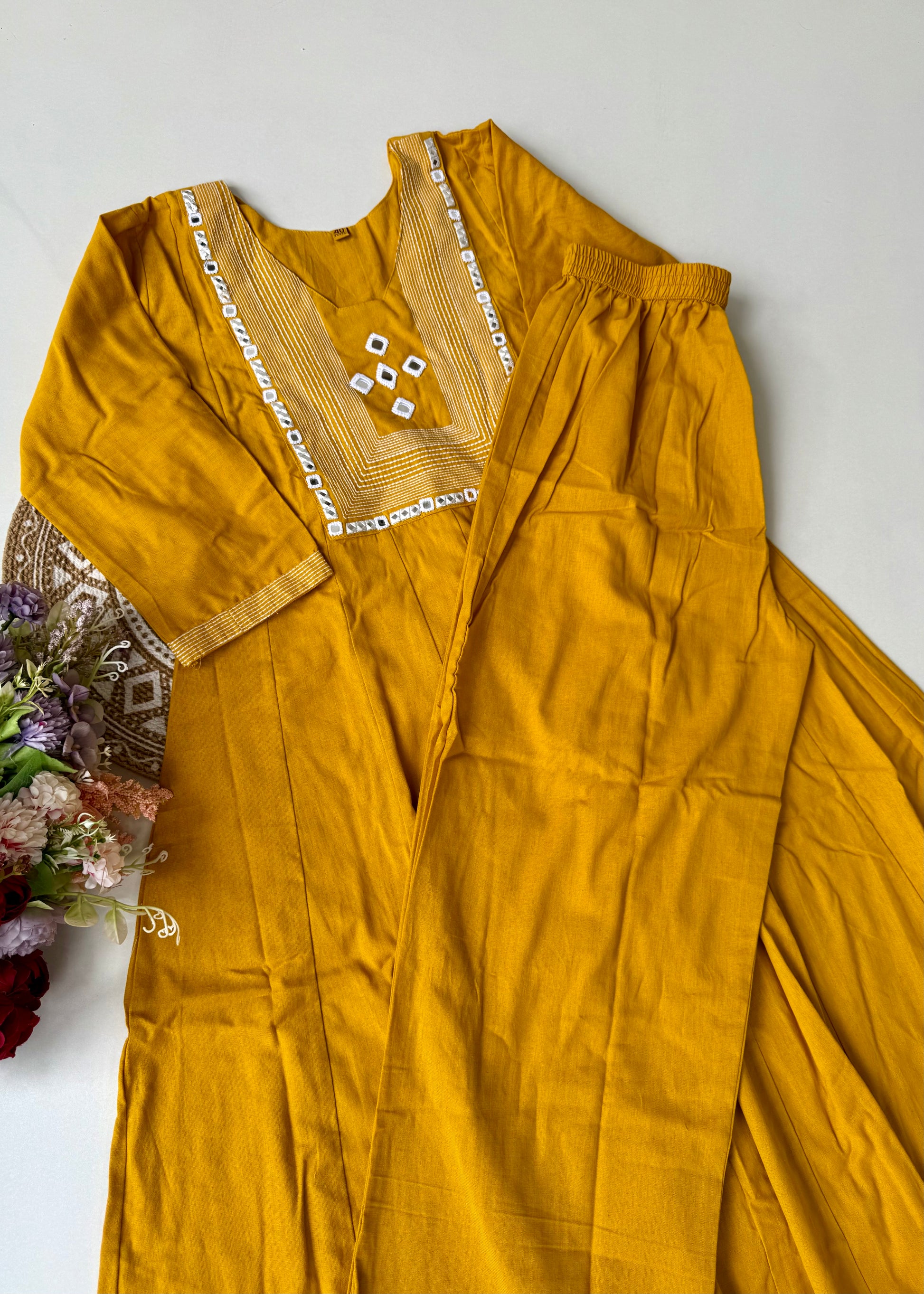 “IRYA" Yellow Mirror work cotton Anarkali kurta set