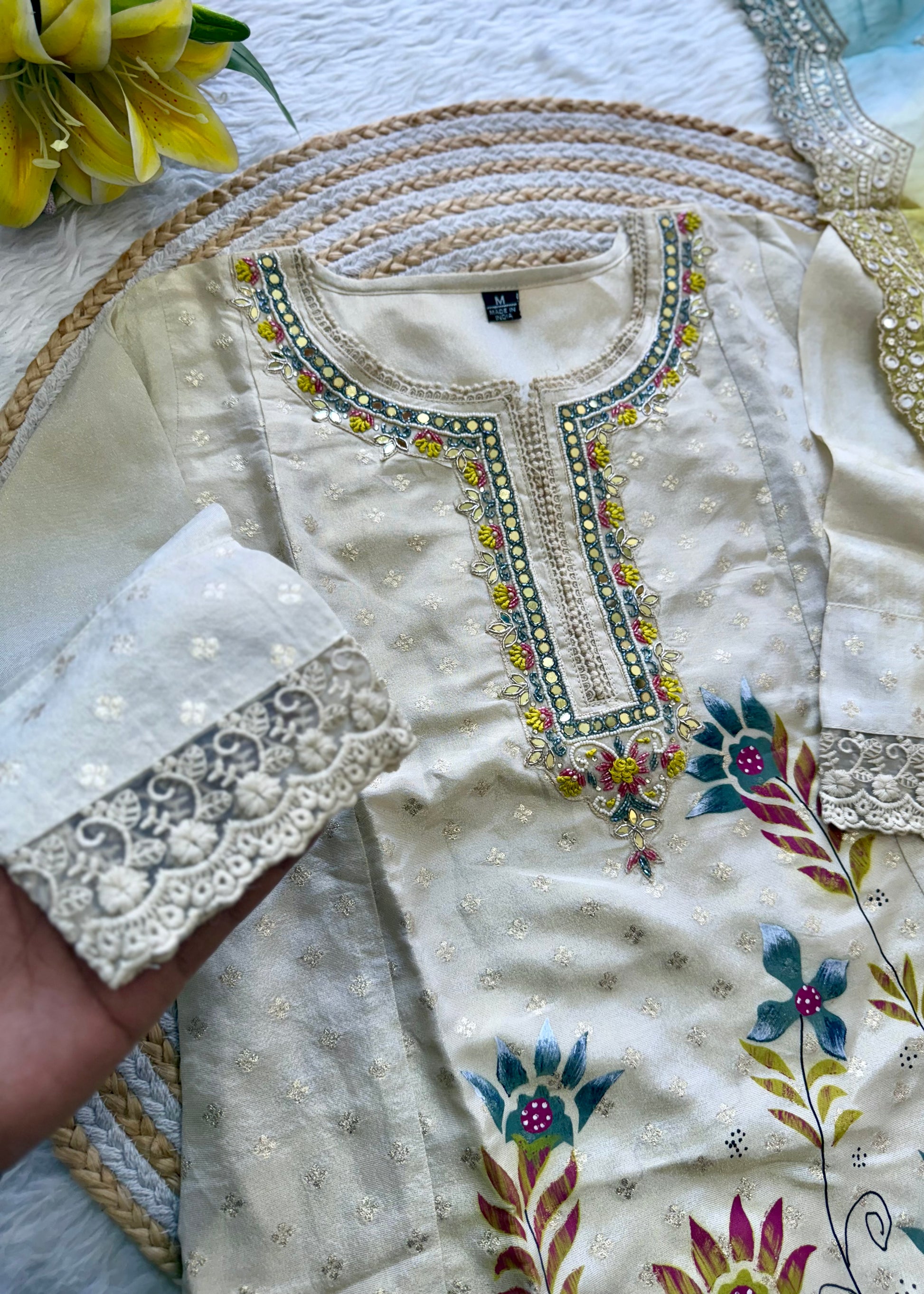 "Meera" Off white  jacquard short kurta set