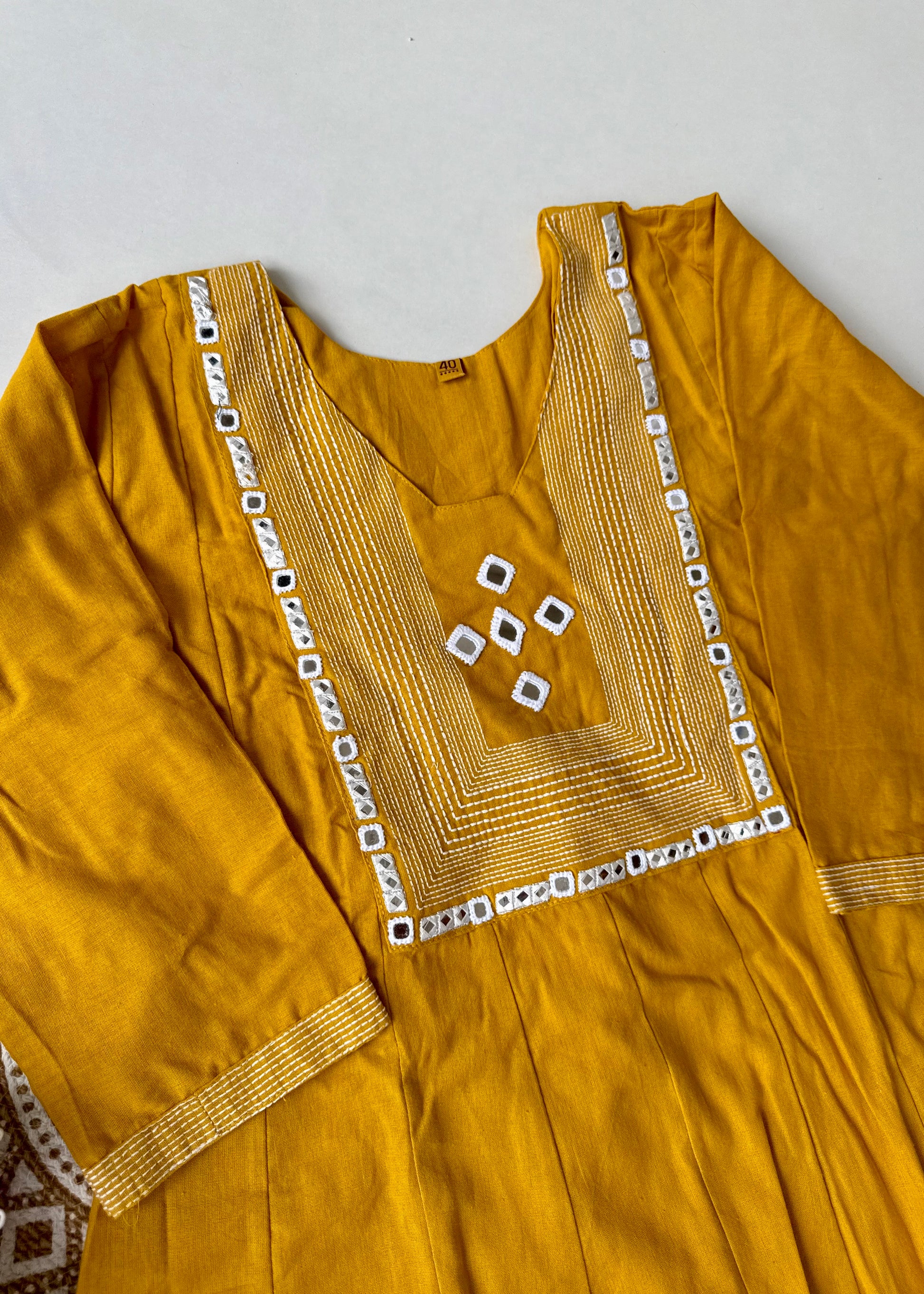 “IRYA" Yellow Mirror work cotton Anarkali kurta set