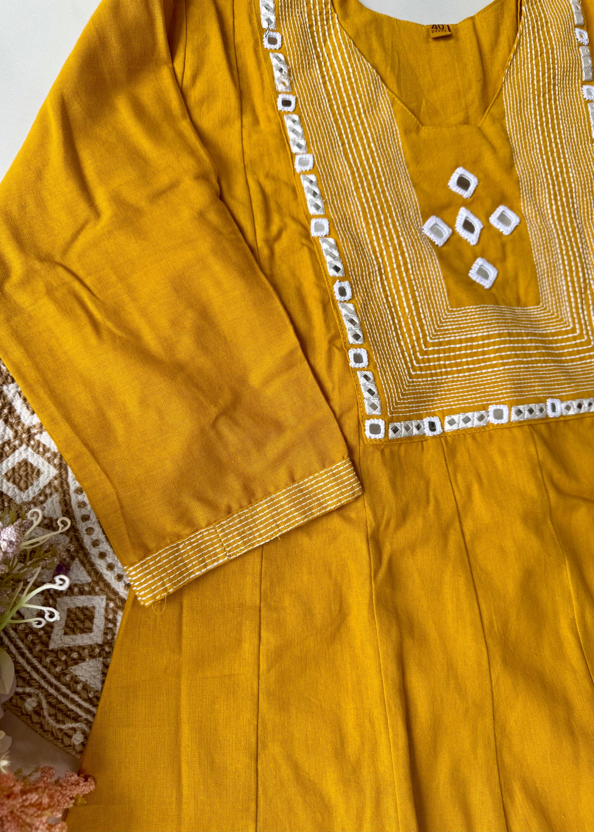 “IRYA" Yellow Mirror work cotton Anarkali kurta set