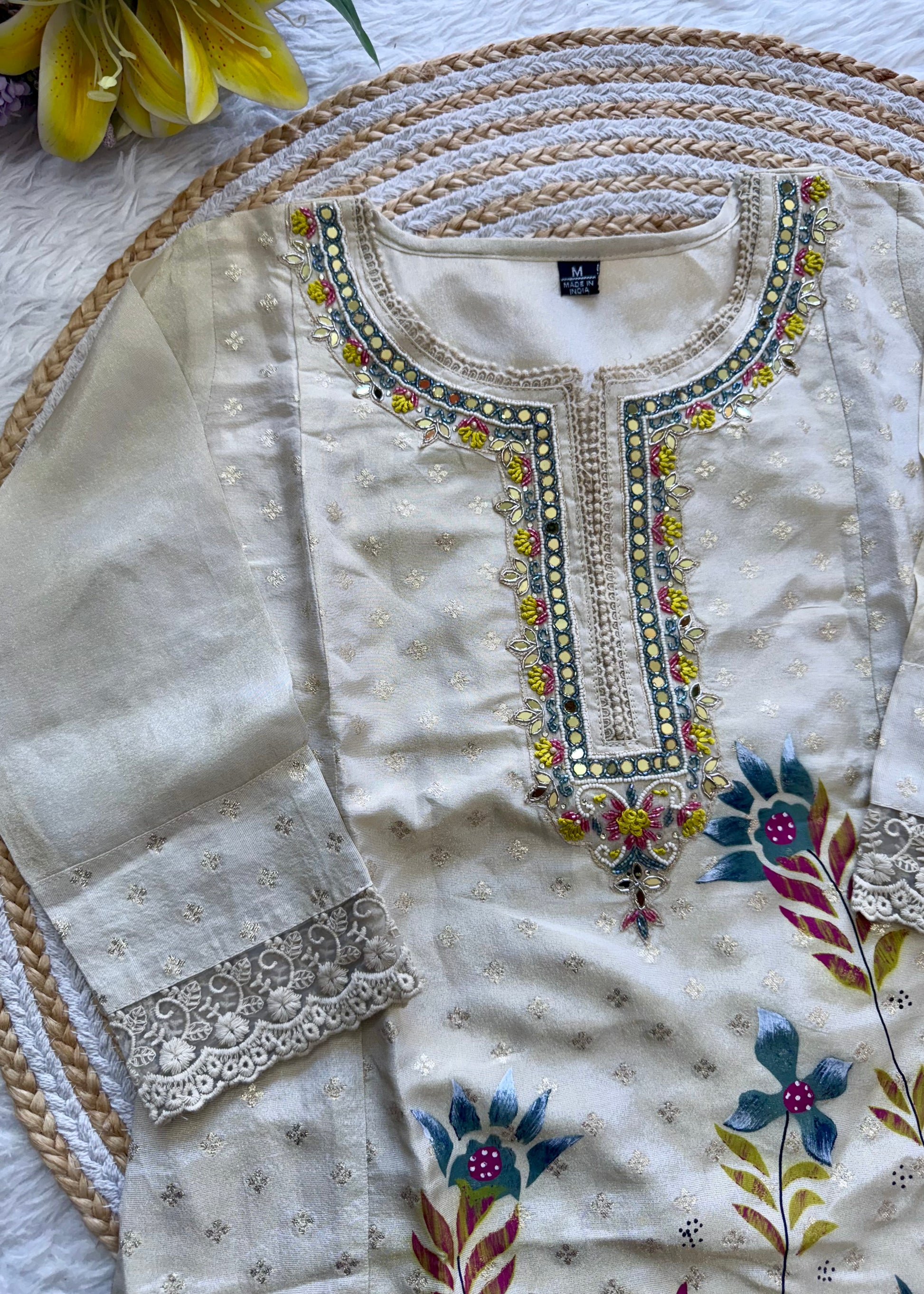 "Meera" Off white  jacquard short kurta set