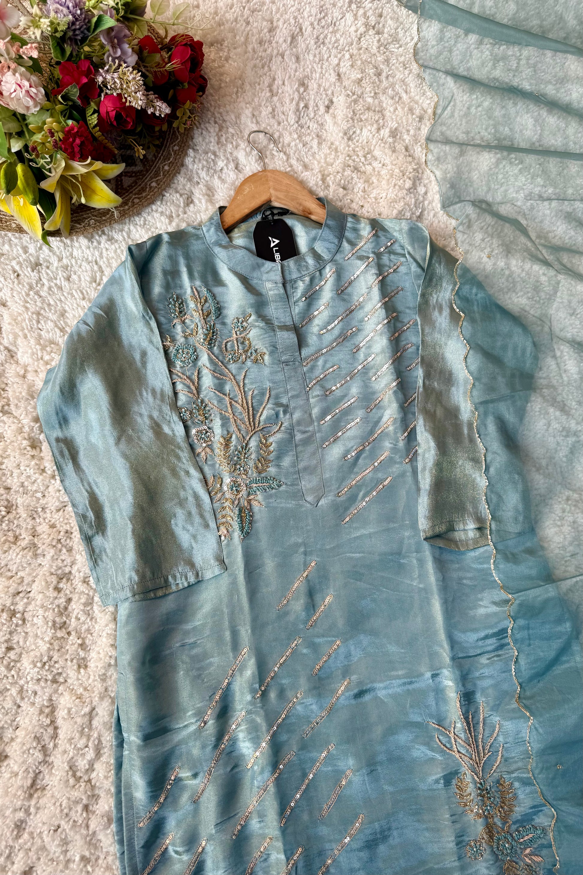 “Zena” Premium Teal Blue Tissue Silk Kurta Set with Elegant Handwork