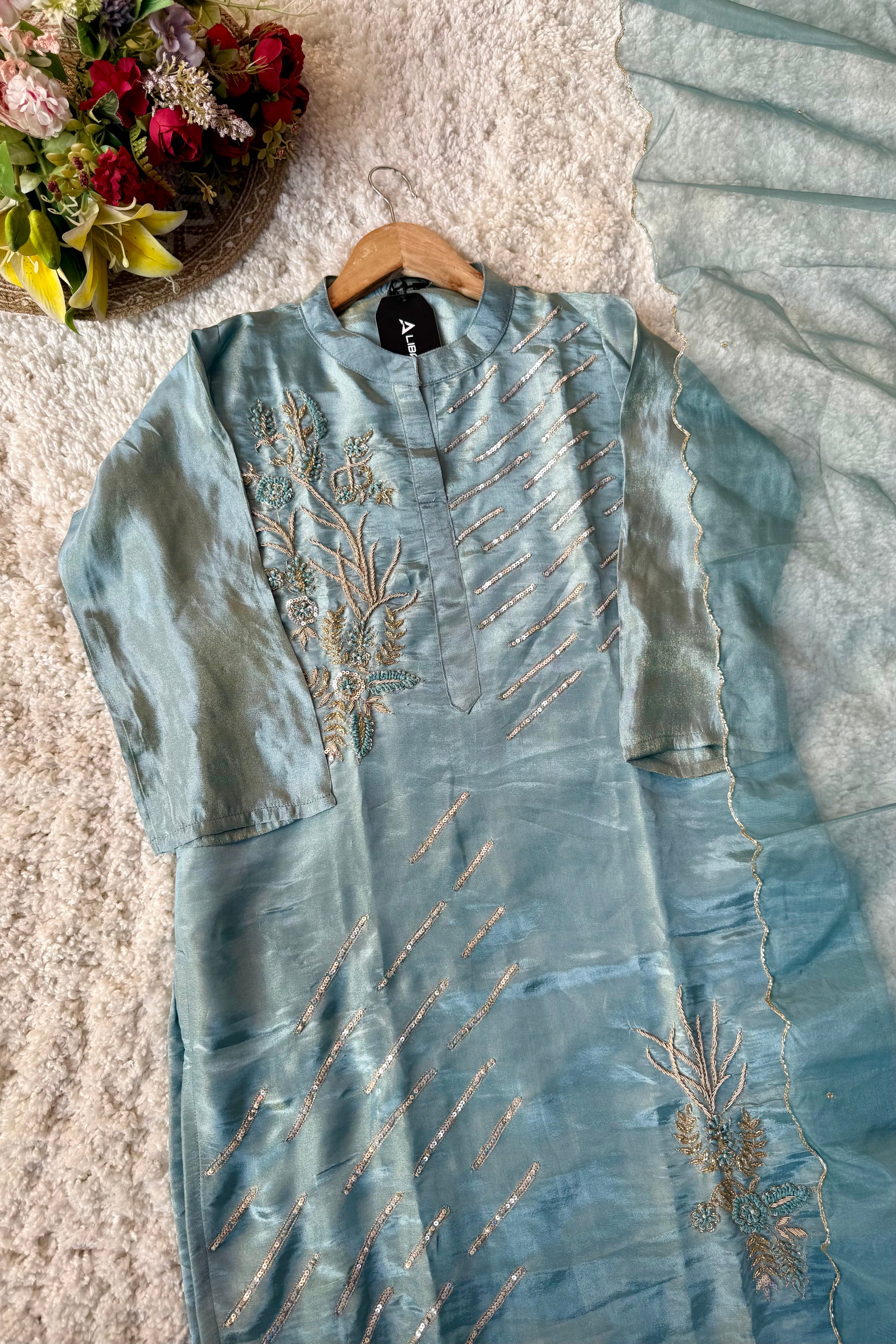 “Zena” Premium Teal Blue Tissue Silk Kurta Set with Elegant Handwork