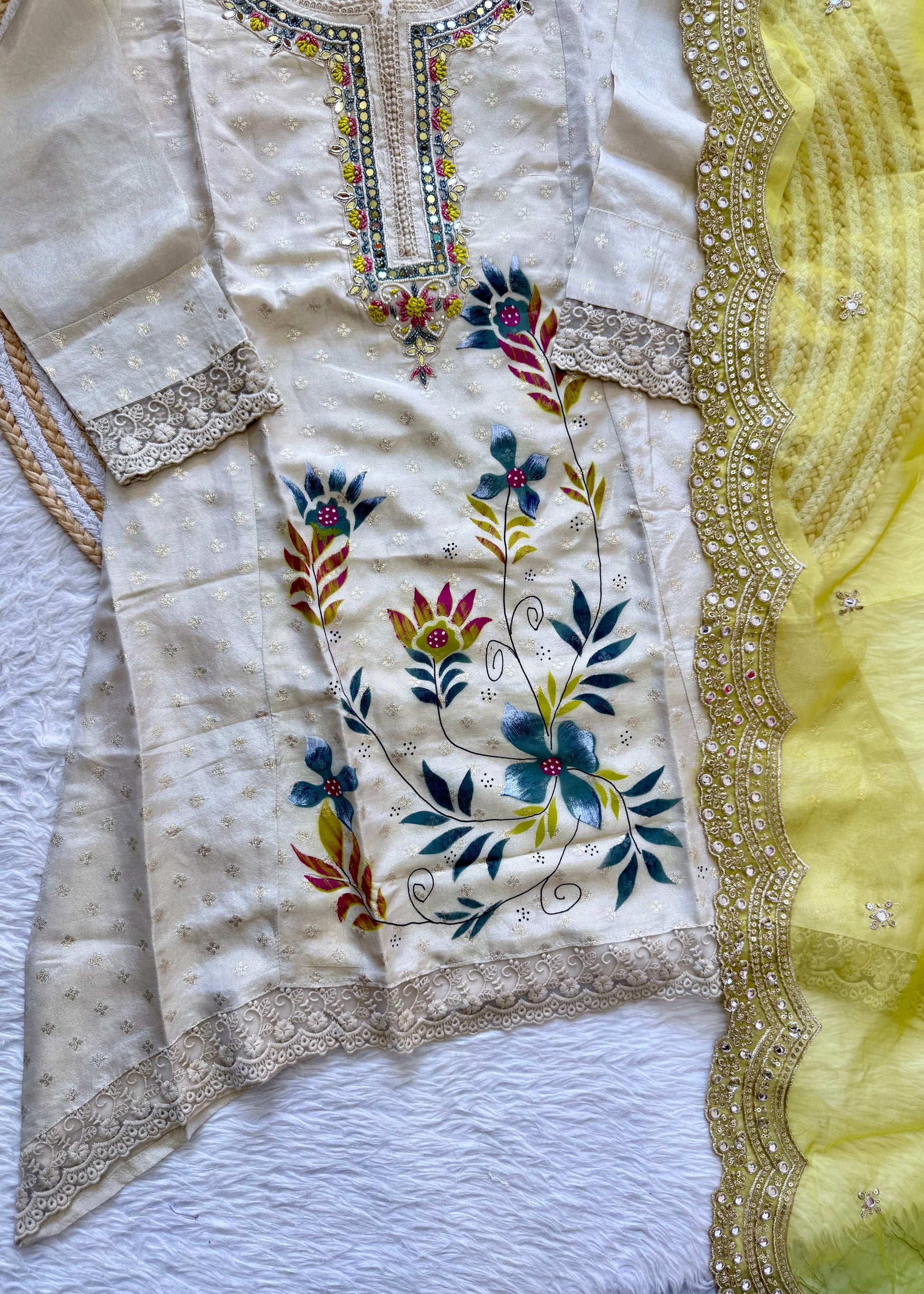 "Meera" Off white  jacquard short kurta set