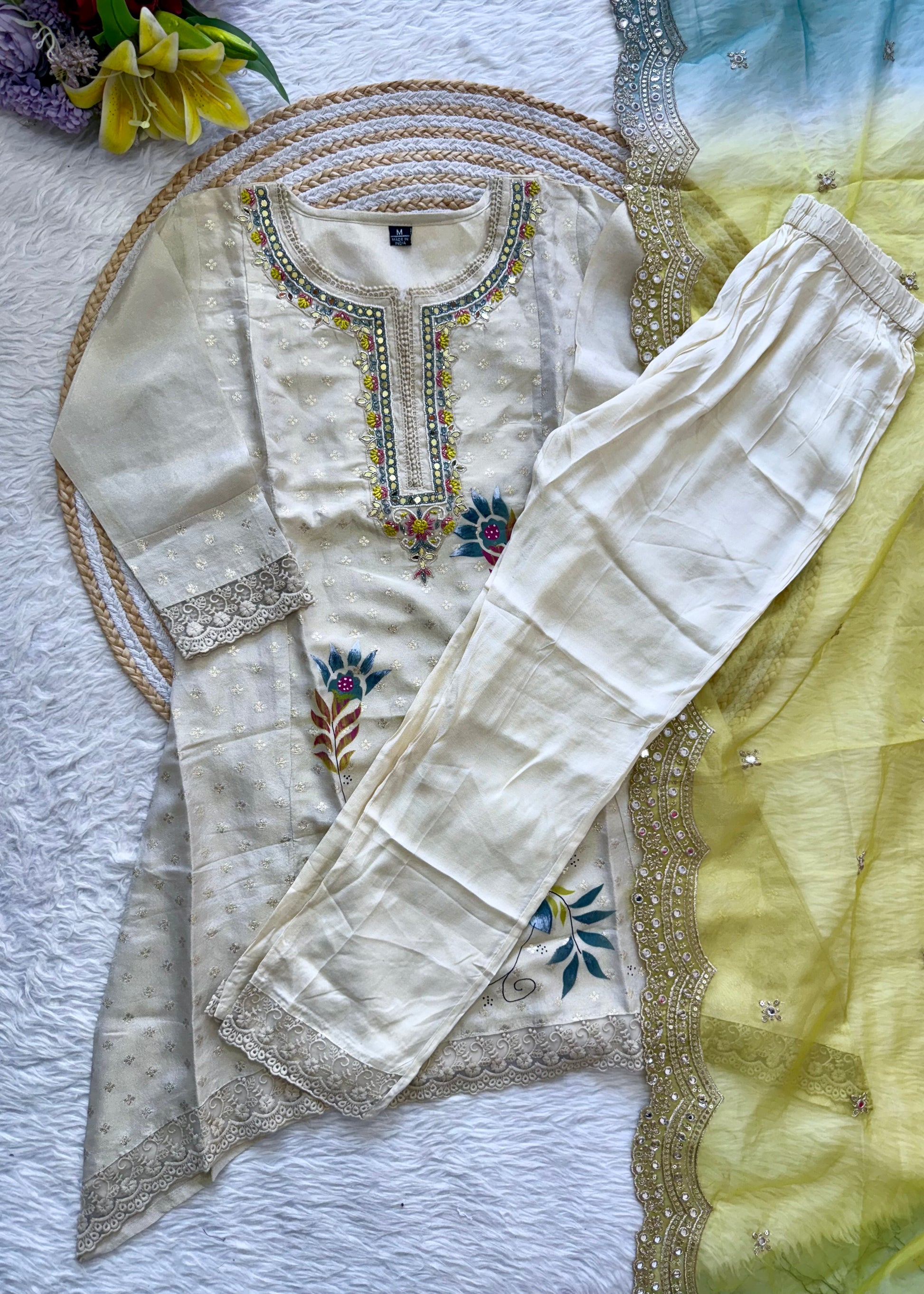 "Meera" Off white  jacquard short kurta set