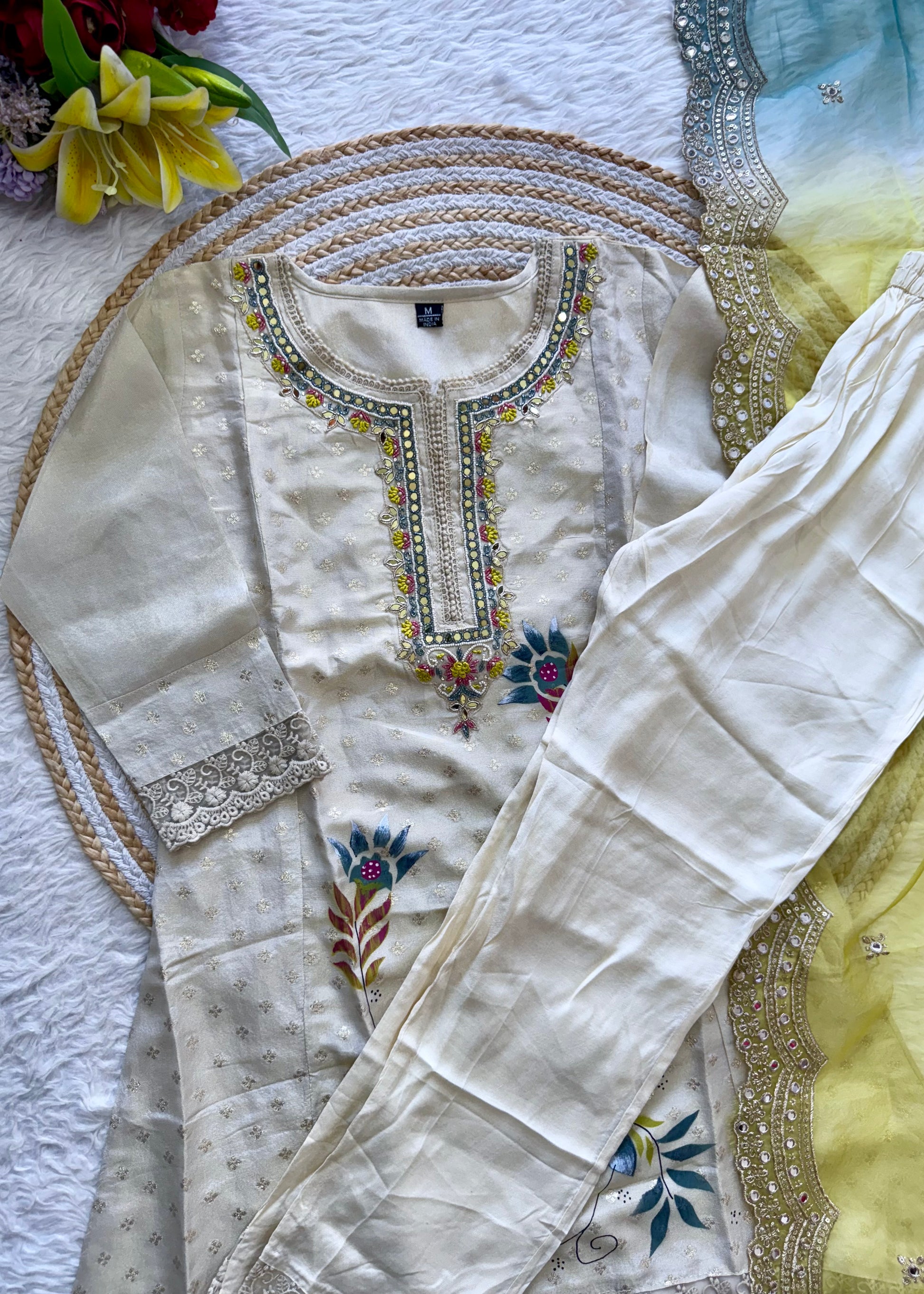 "Meera" Off white  jacquard short kurta set