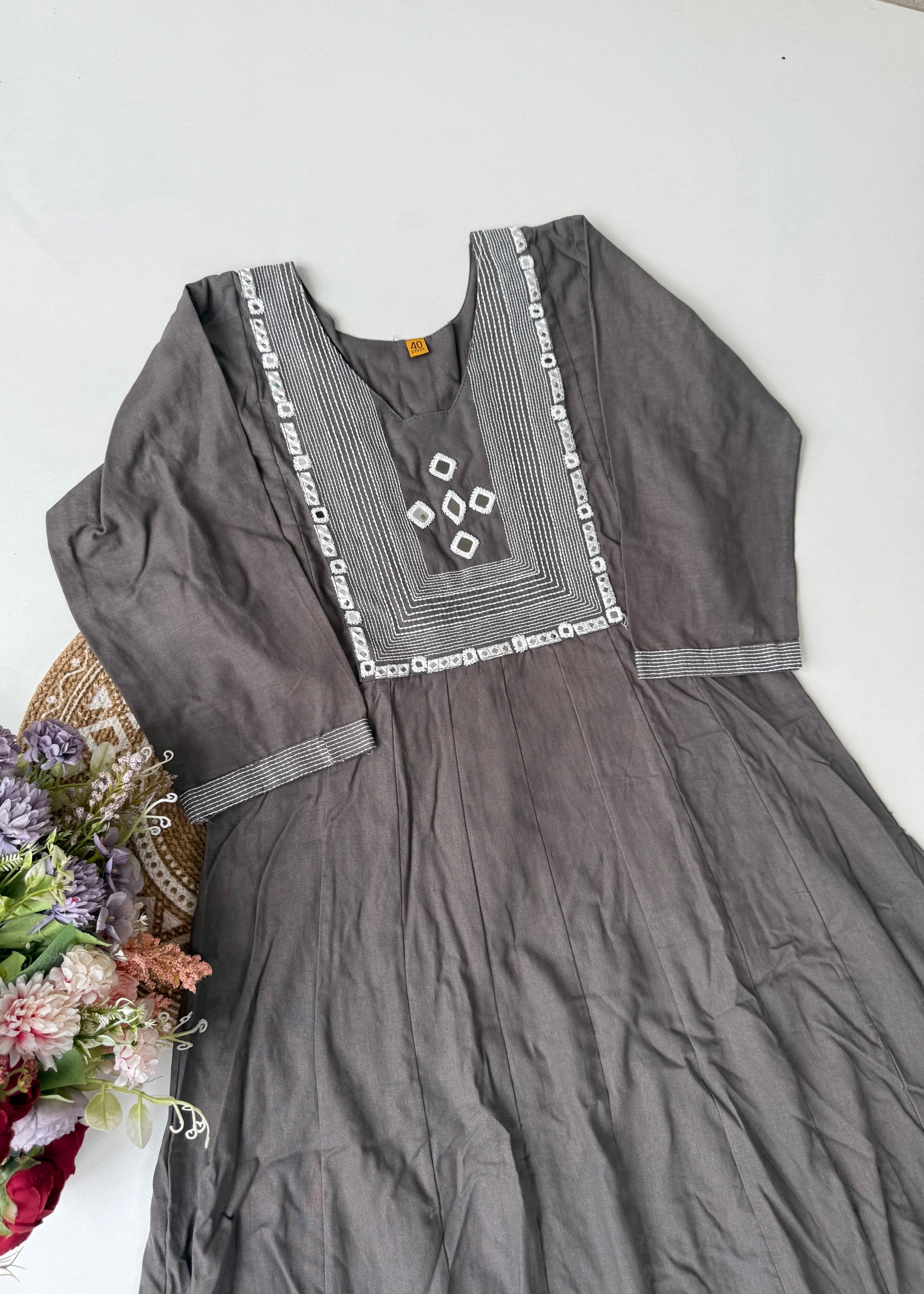 “IRYA" Grey Mirror work cotton Anarkali kurta set