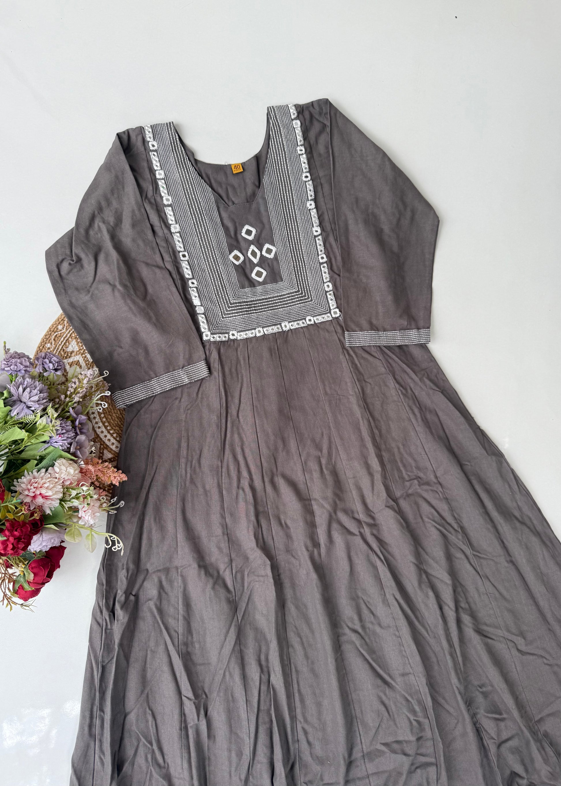 “IRYA" Grey Mirror work cotton Anarkali kurta set