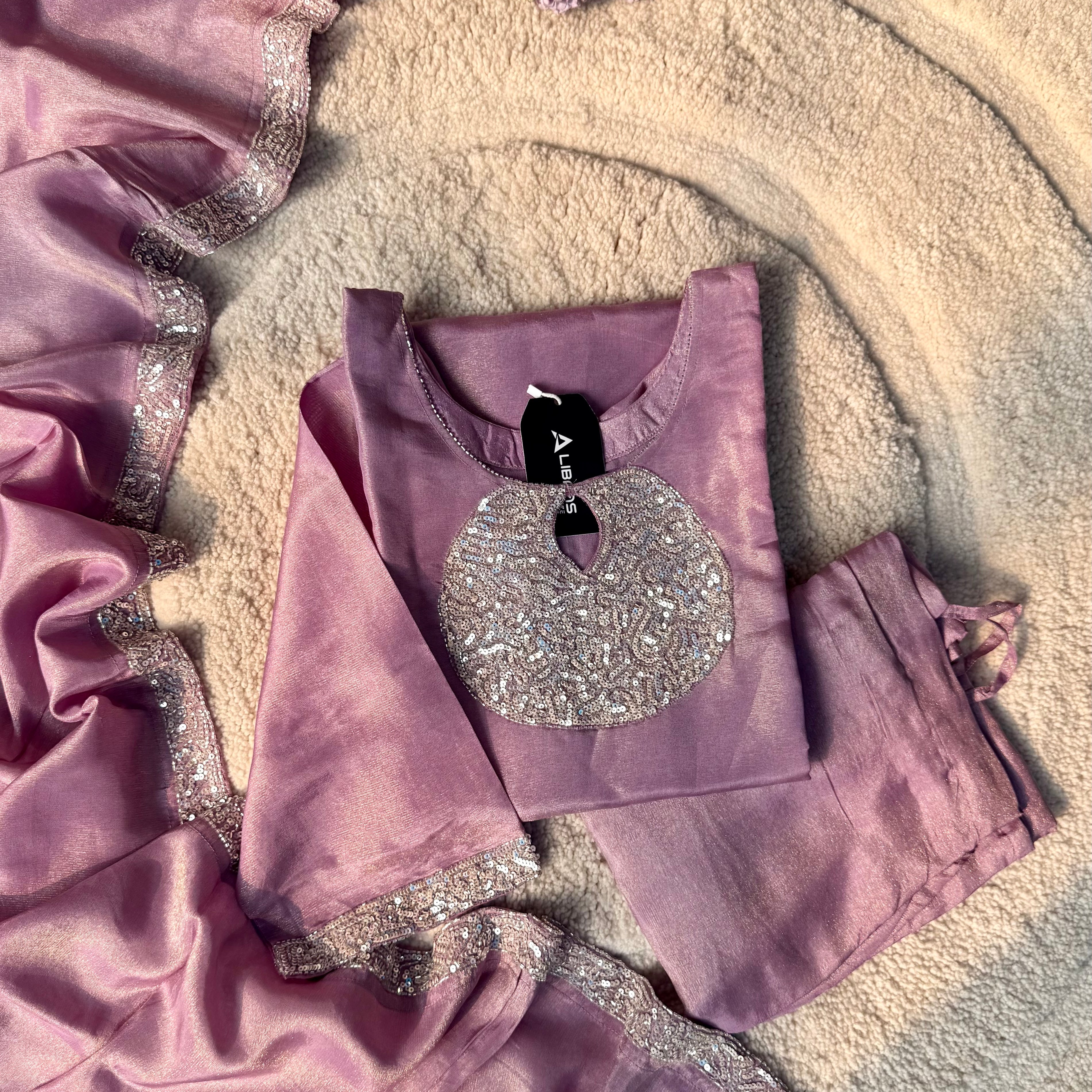 “SHINE” Beautiful Lavender with gold tone shimmer tissue kurta set