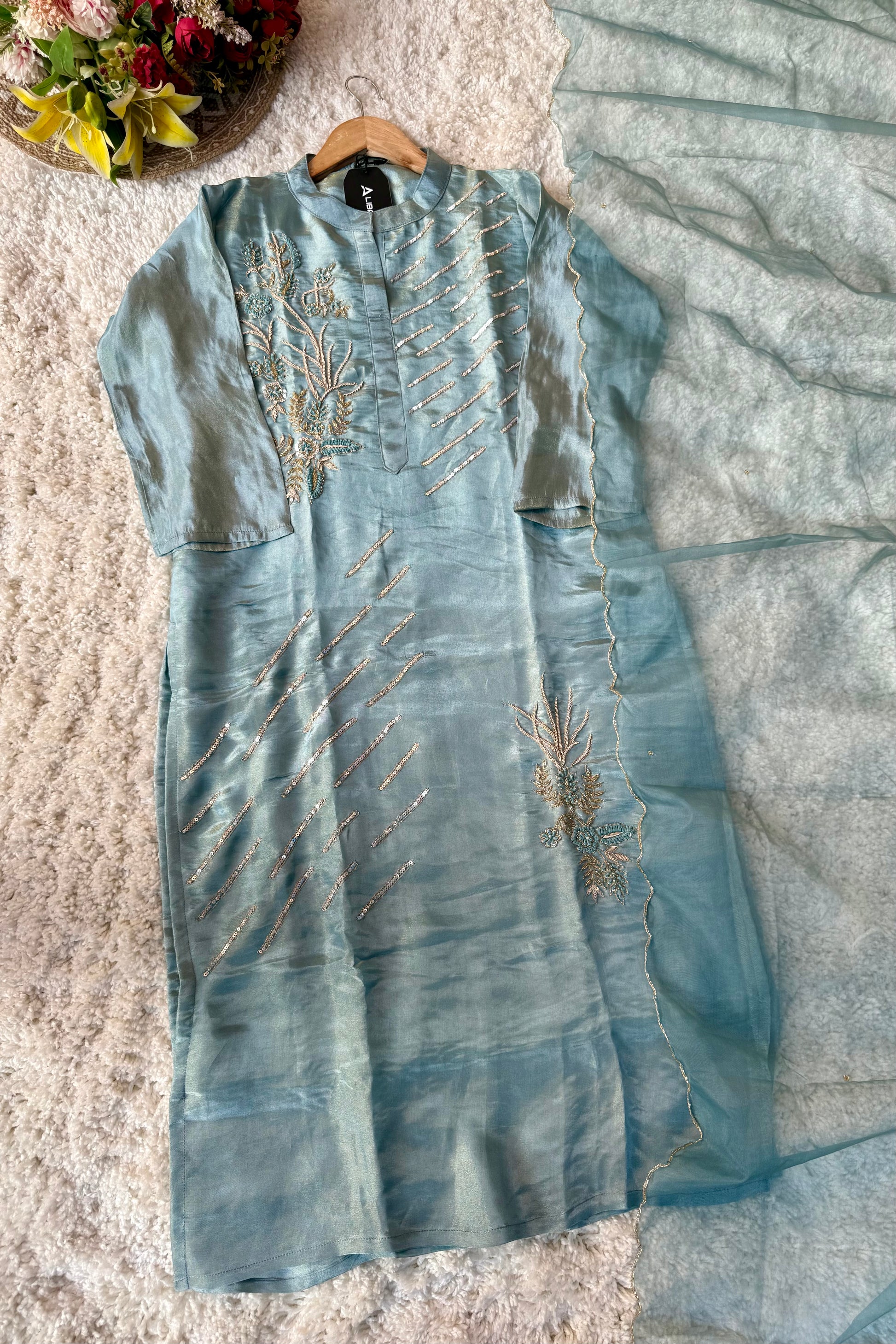 “Zena” Premium Teal Blue Tissue Silk Kurta Set with Elegant Handwork