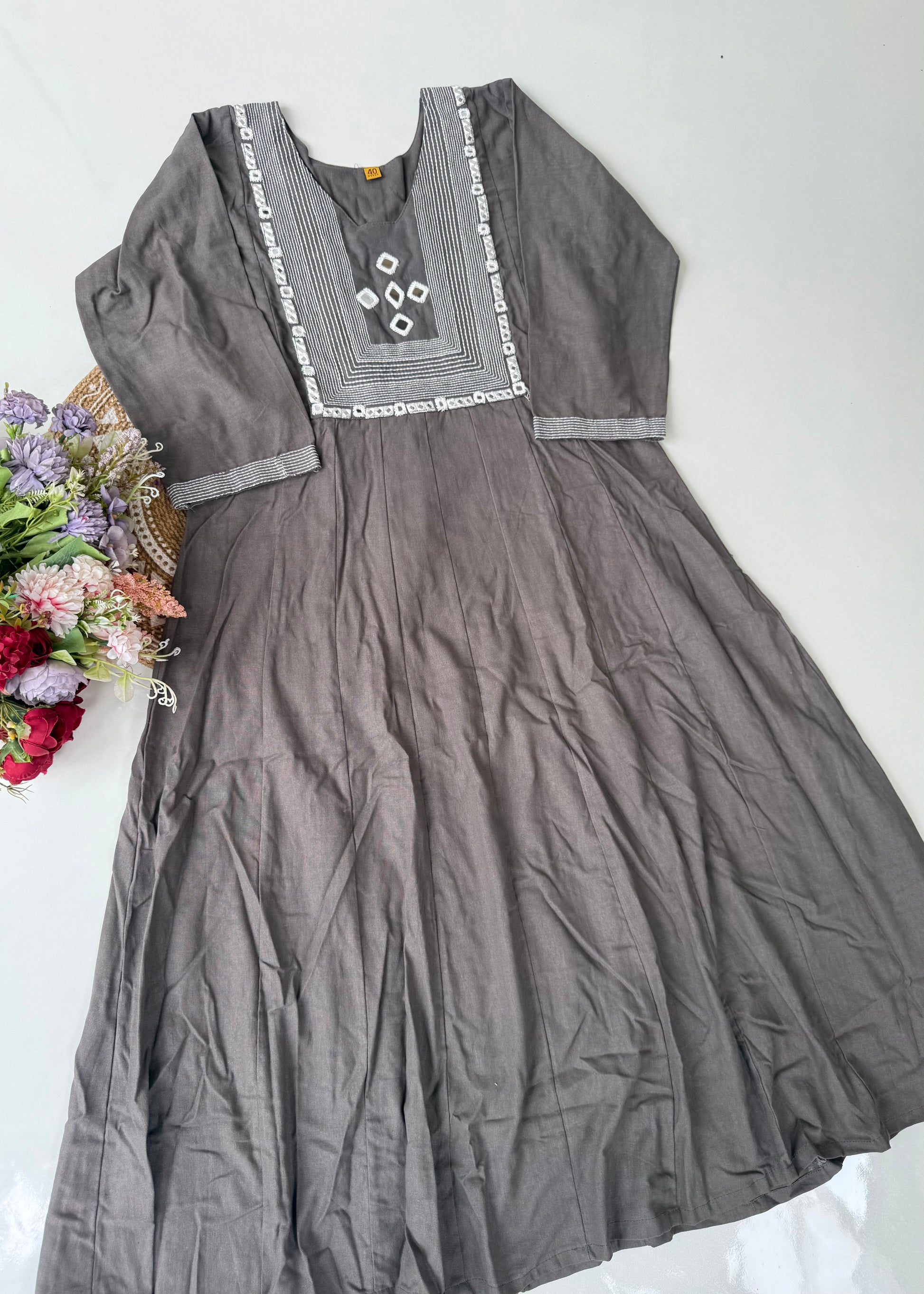 “IRYA" Grey Mirror work cotton Anarkali kurta set