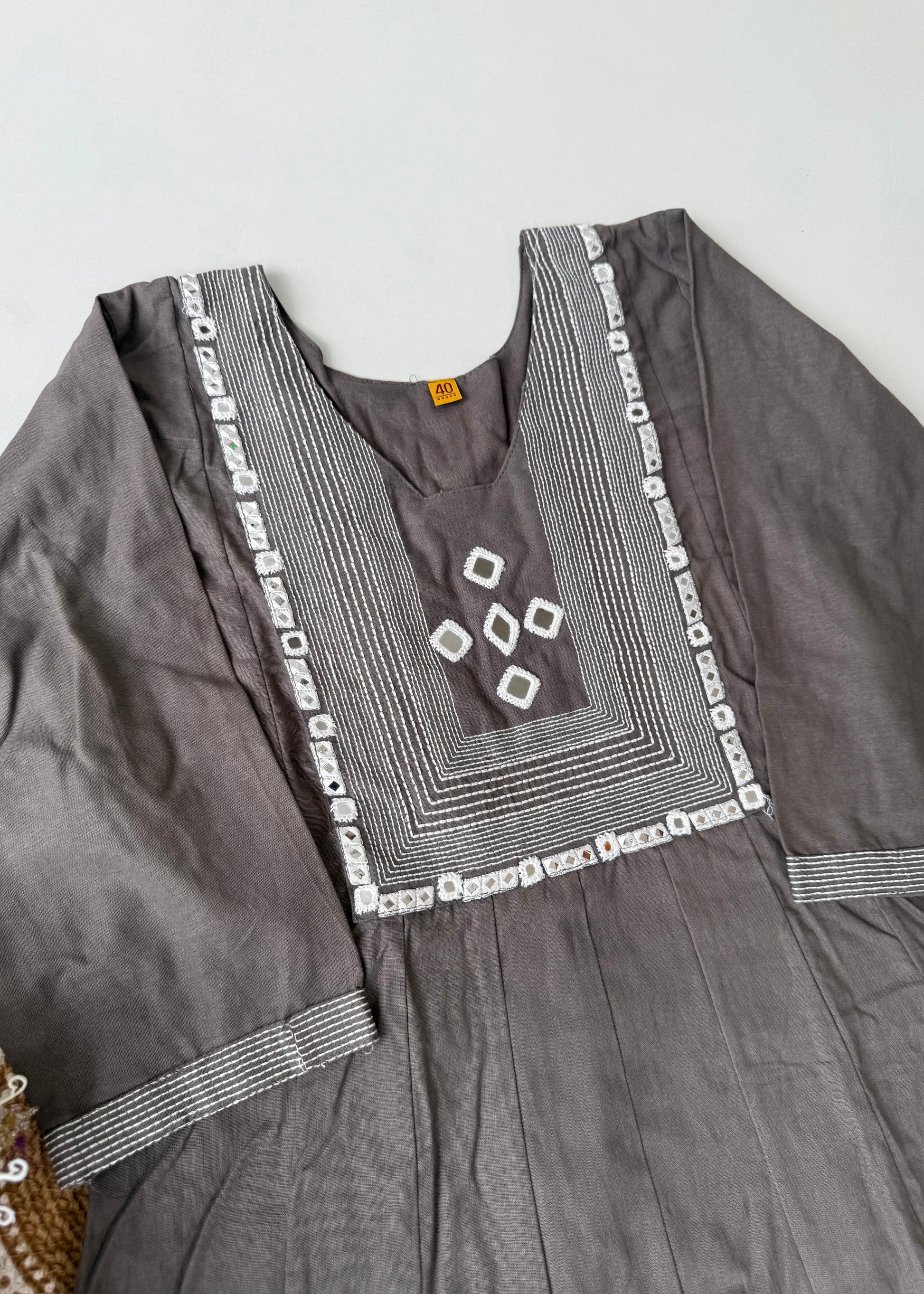 “IRYA" Grey Mirror work cotton Anarkali kurta set