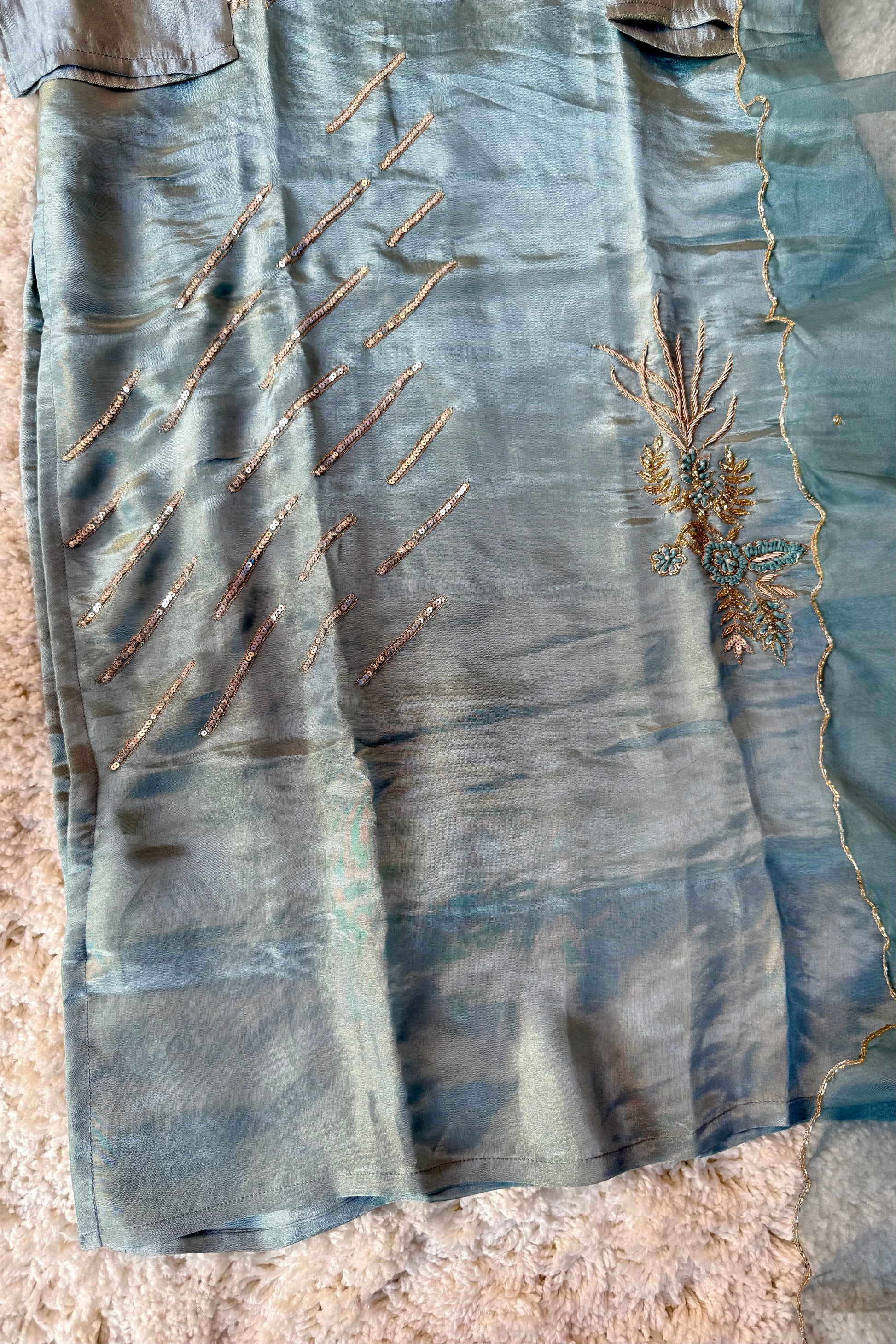 “Zena” Premium Teal Blue Tissue Silk Kurta Set with Elegant Handwork