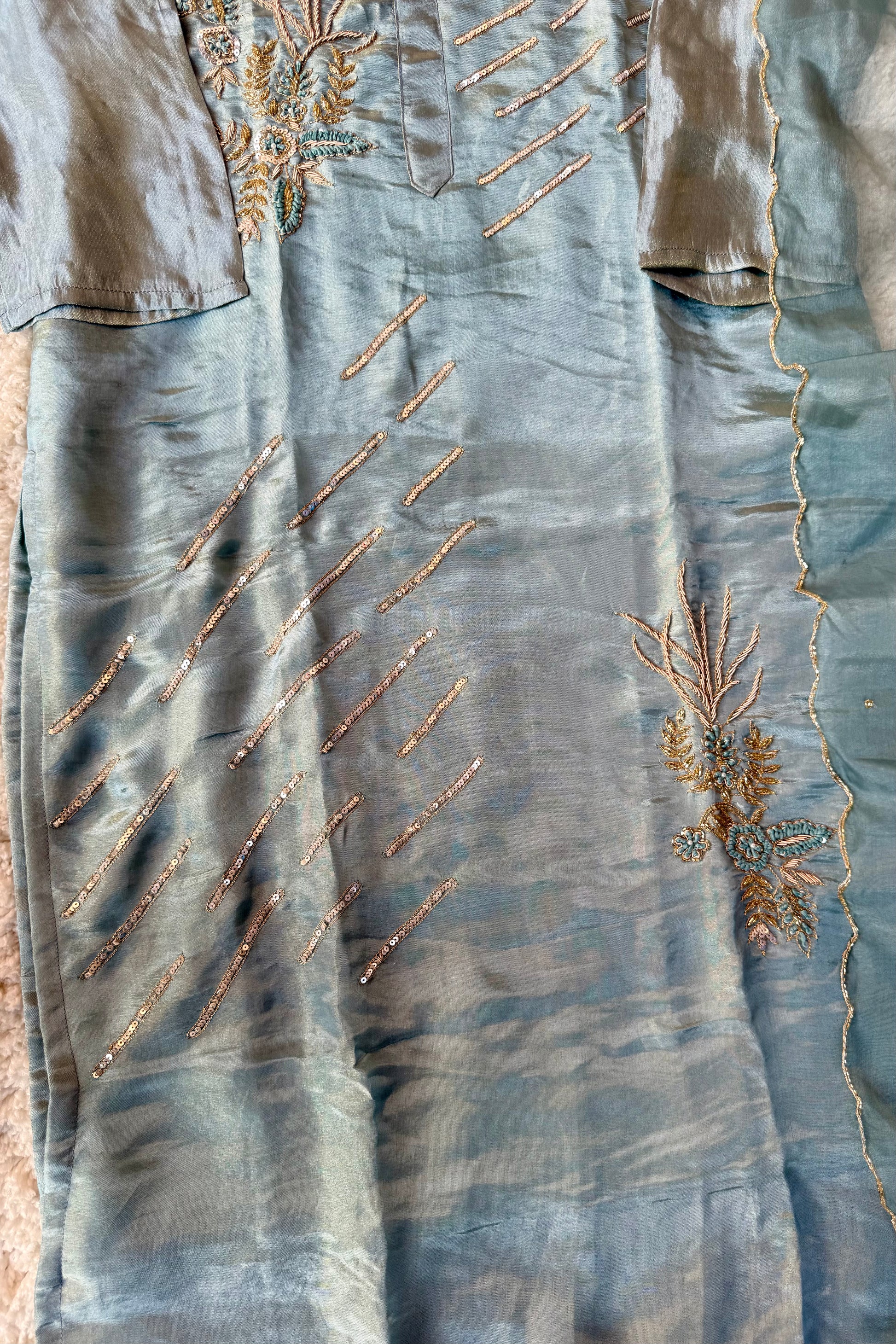 “Zena” Premium Teal Blue Tissue Silk Kurta Set with Elegant Handwork