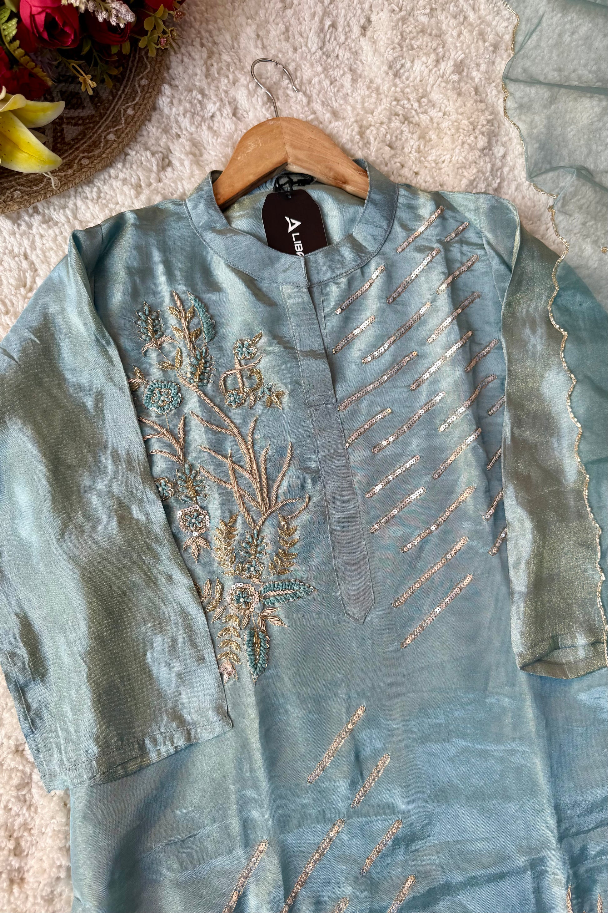 “Zena” Premium Teal Blue Tissue Silk Kurta Set with Elegant Handwork