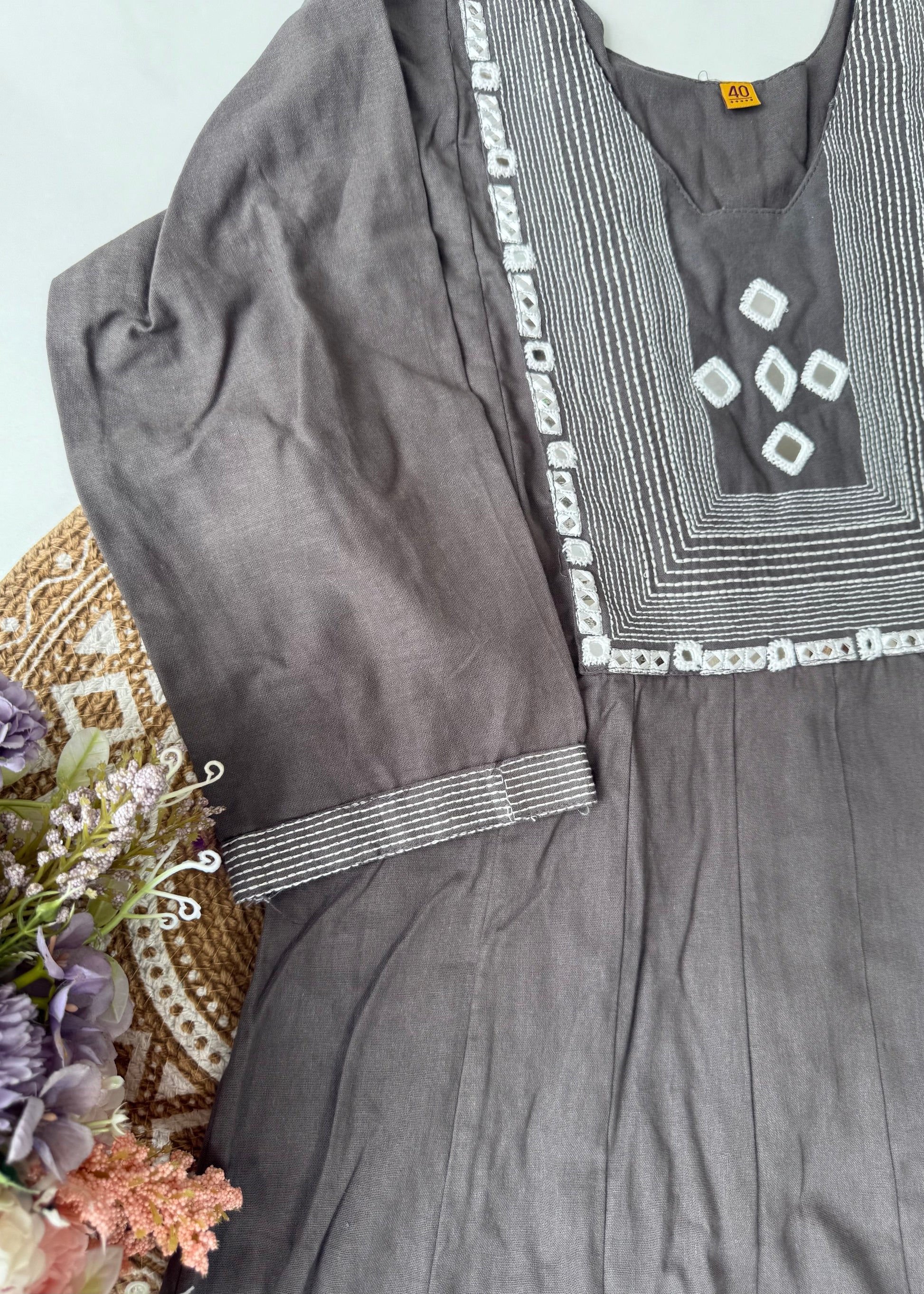 “IRYA" Grey Mirror work cotton Anarkali kurta set