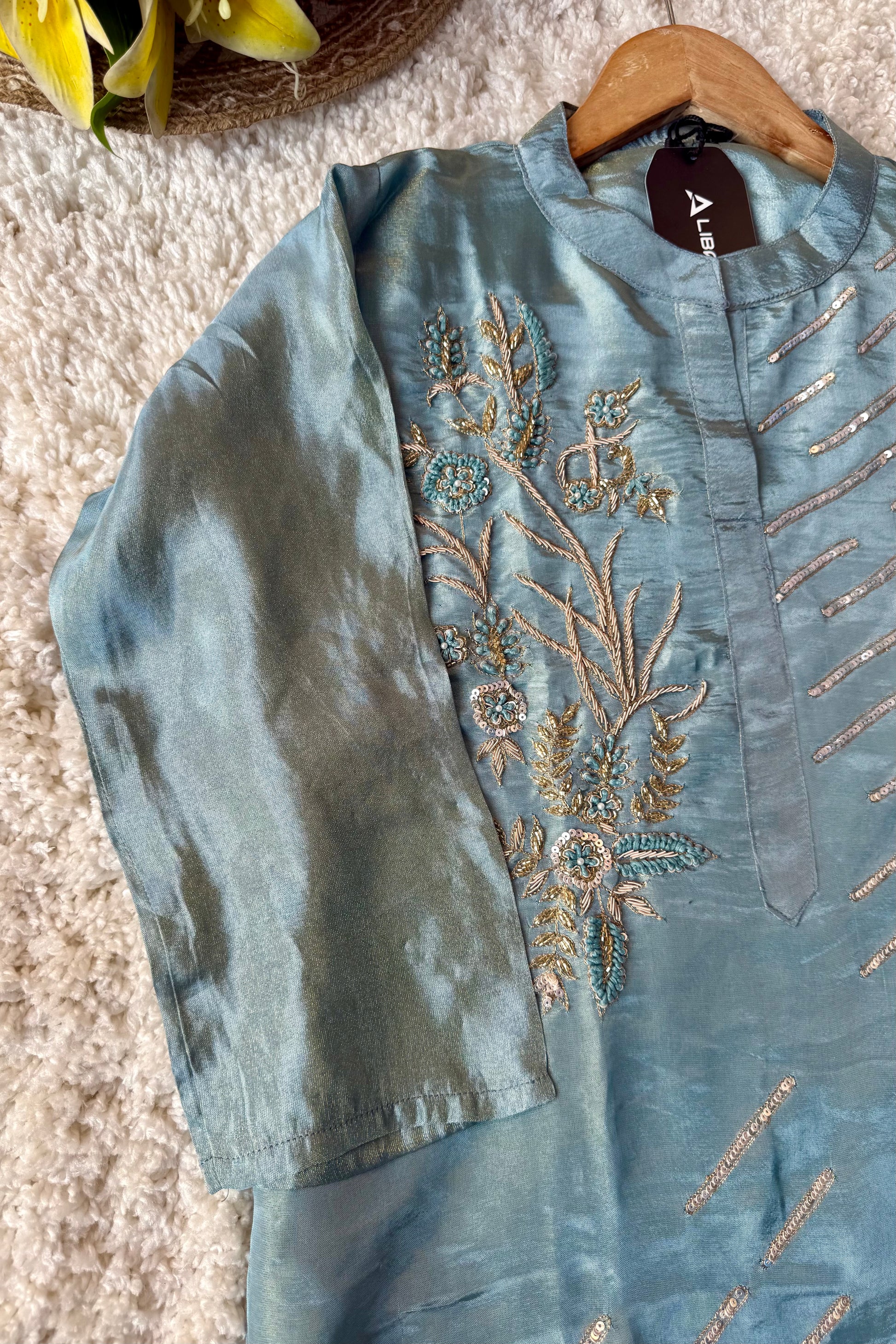 “Zena” Premium Teal Blue Tissue Silk Kurta Set with Elegant Handwork