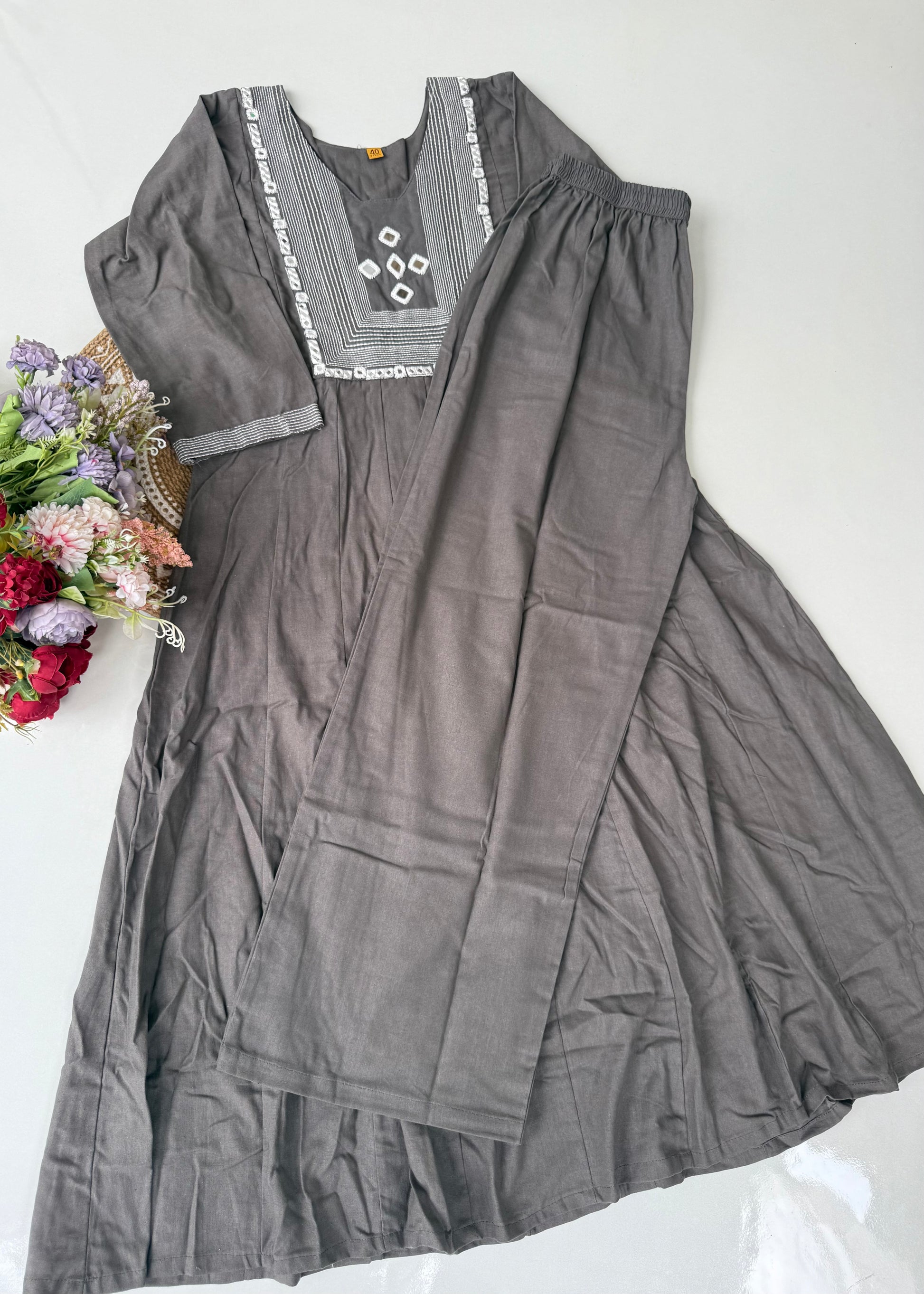 “IRYA" Grey Mirror work cotton Anarkali kurta set