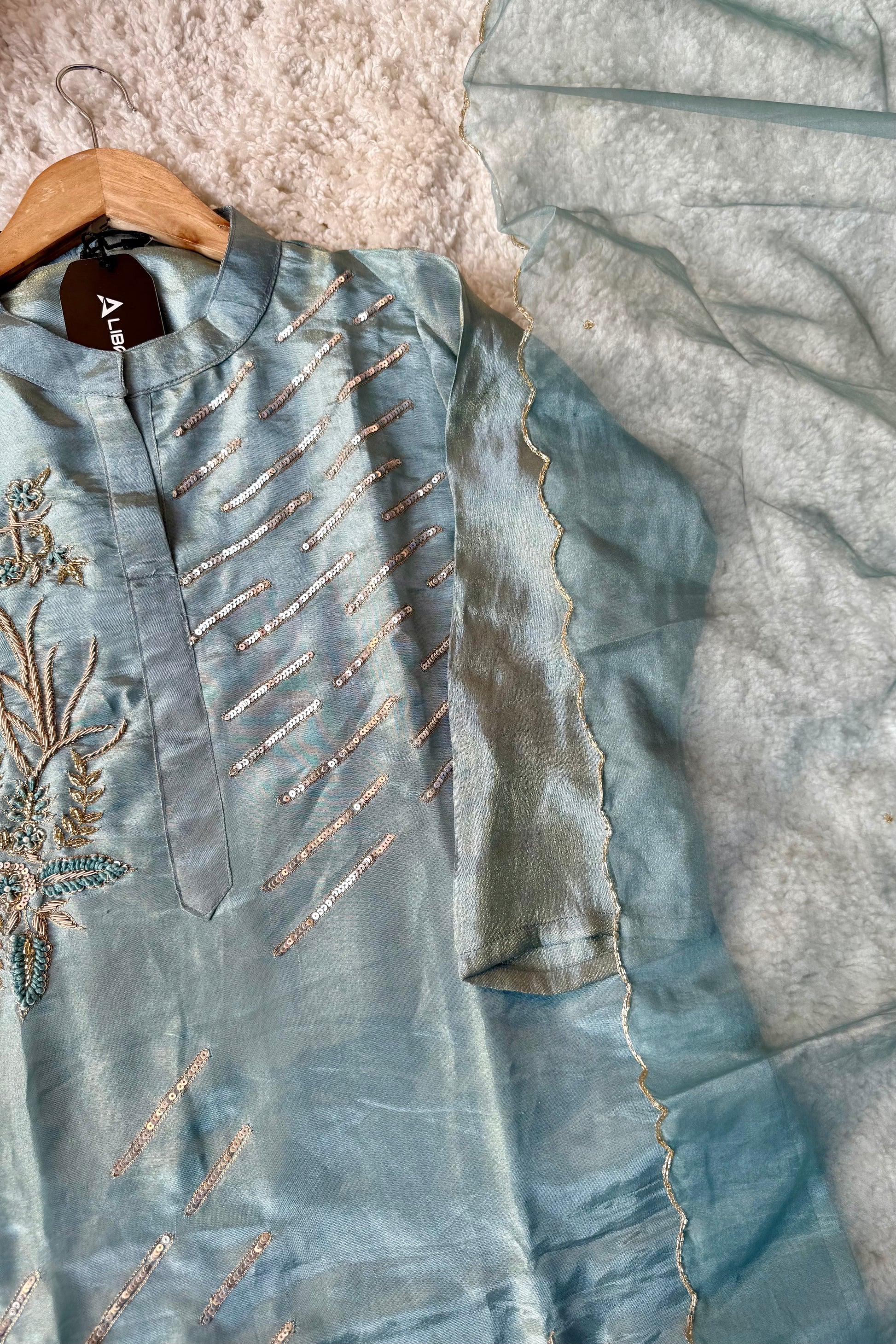 “Zena” Premium Teal Blue Tissue Silk Kurta Set with Elegant Handwork