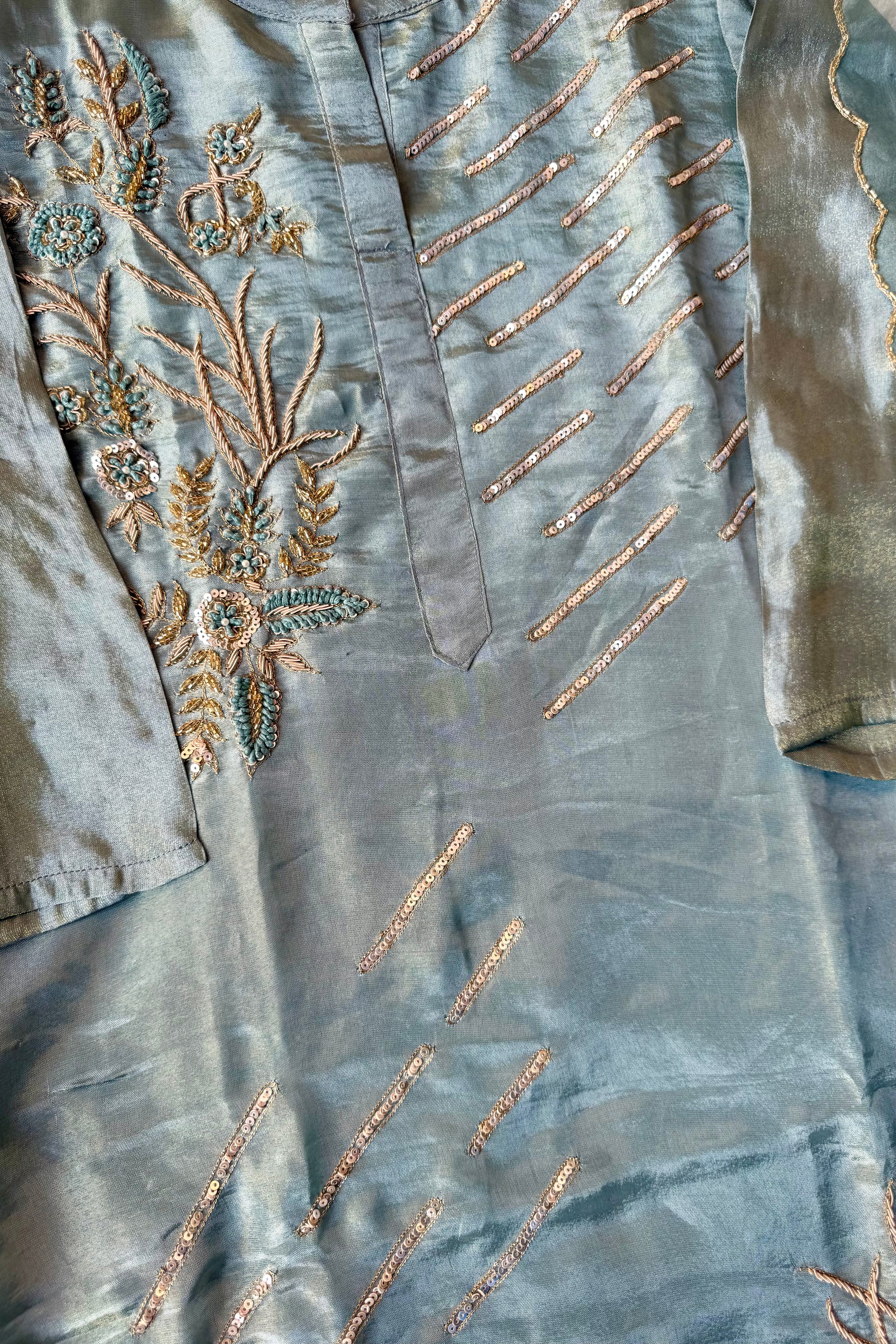 “Zena” Premium Teal Blue Tissue Silk Kurta Set with Elegant Handwork