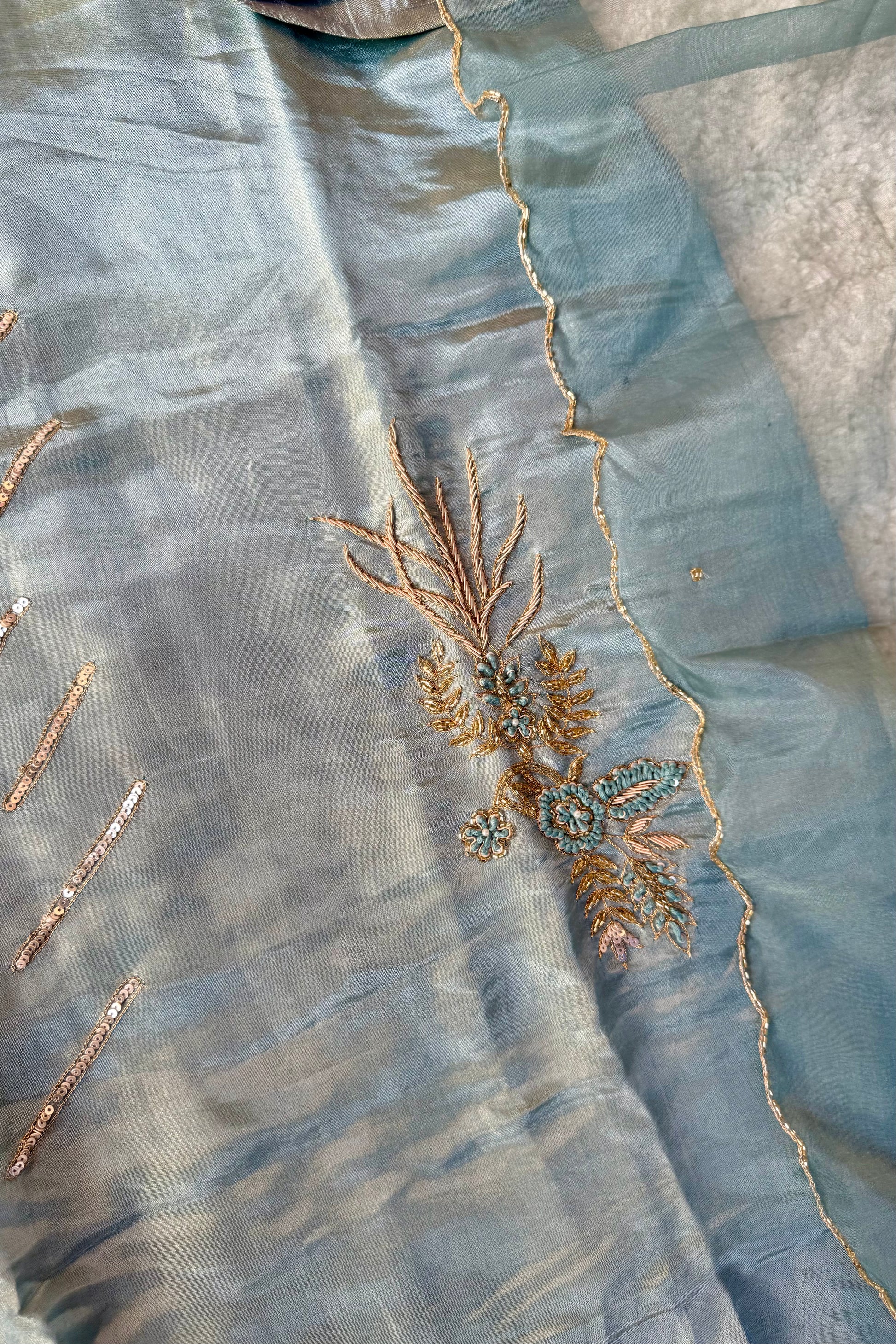 “Zena” Premium Teal Blue Tissue Silk Kurta Set with Elegant Handwork