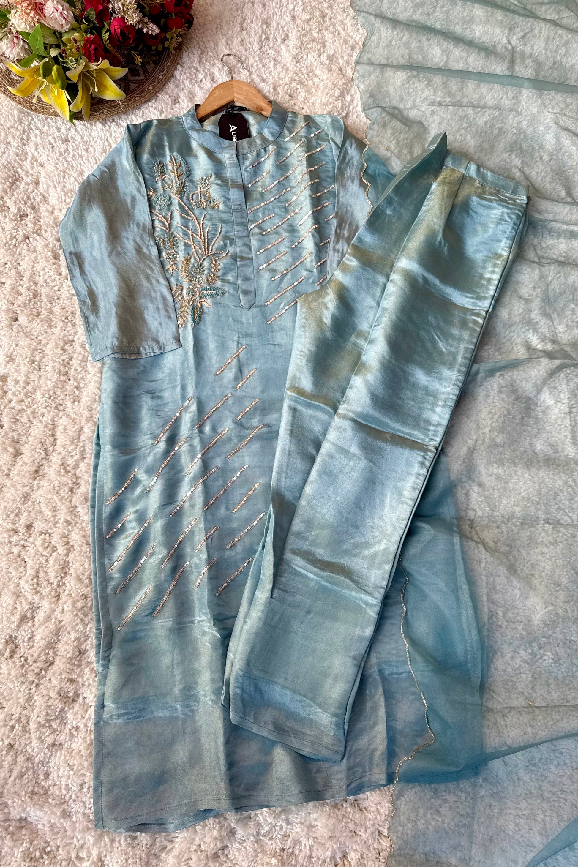 “Zena” Premium Teal Blue Tissue Silk Kurta Set with Elegant Handwork