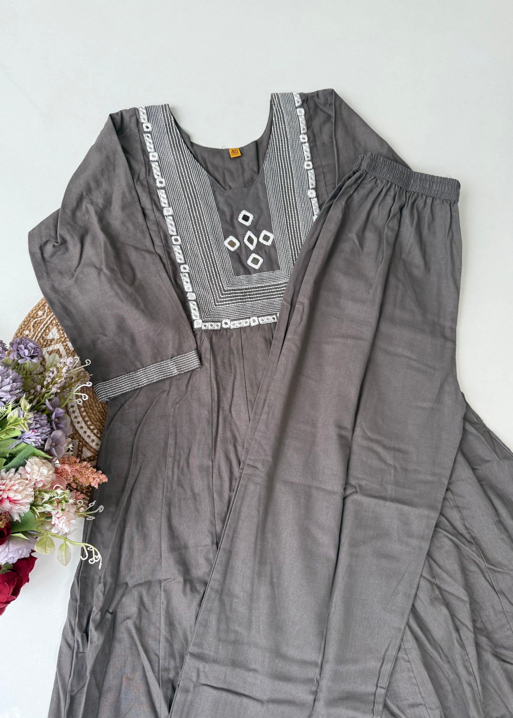 “IRYA" Grey Mirror work cotton Anarkali kurta set