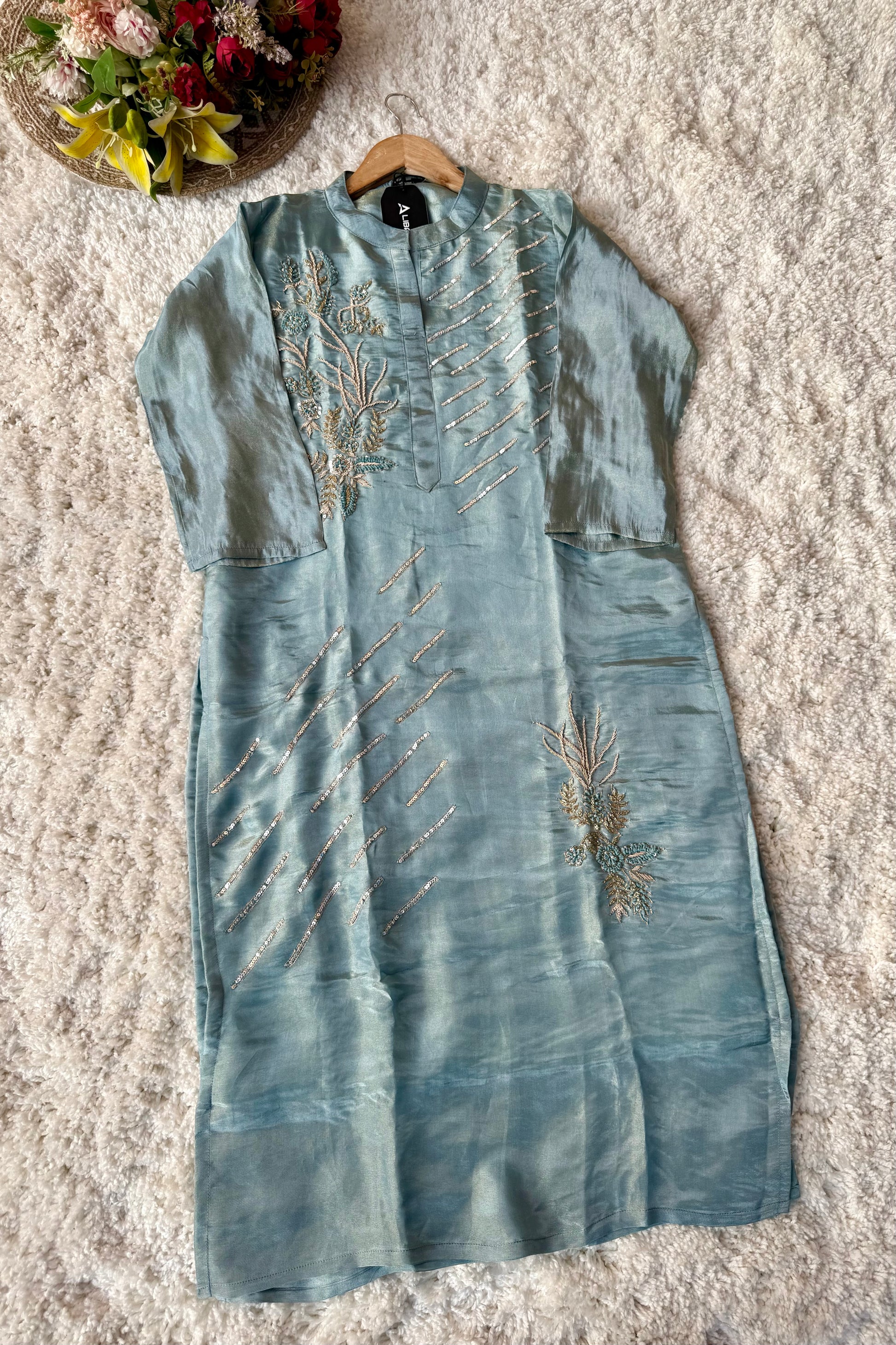 “Zena” Premium Teal Blue Tissue Silk Kurta Set with Elegant Handwork