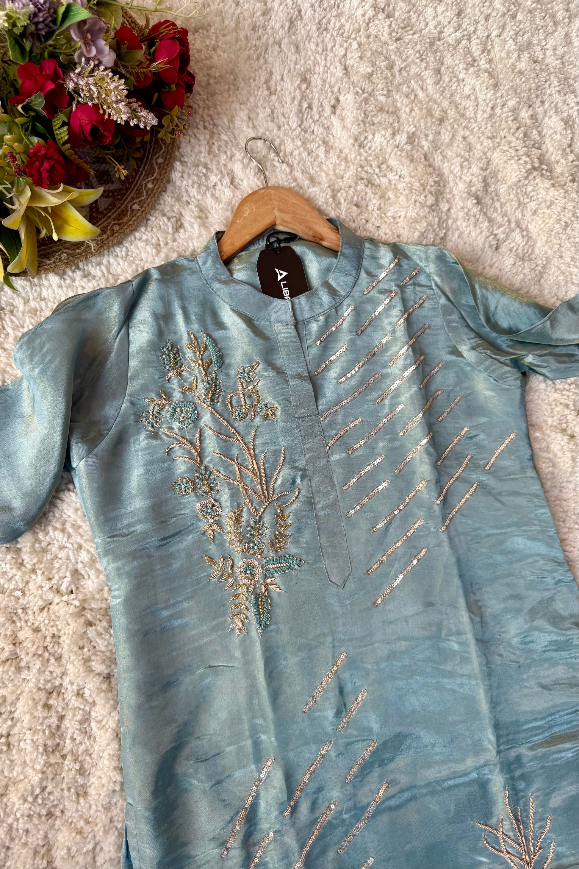 “Zena” Premium Teal Blue Tissue Silk Kurta Set with Elegant Handwork