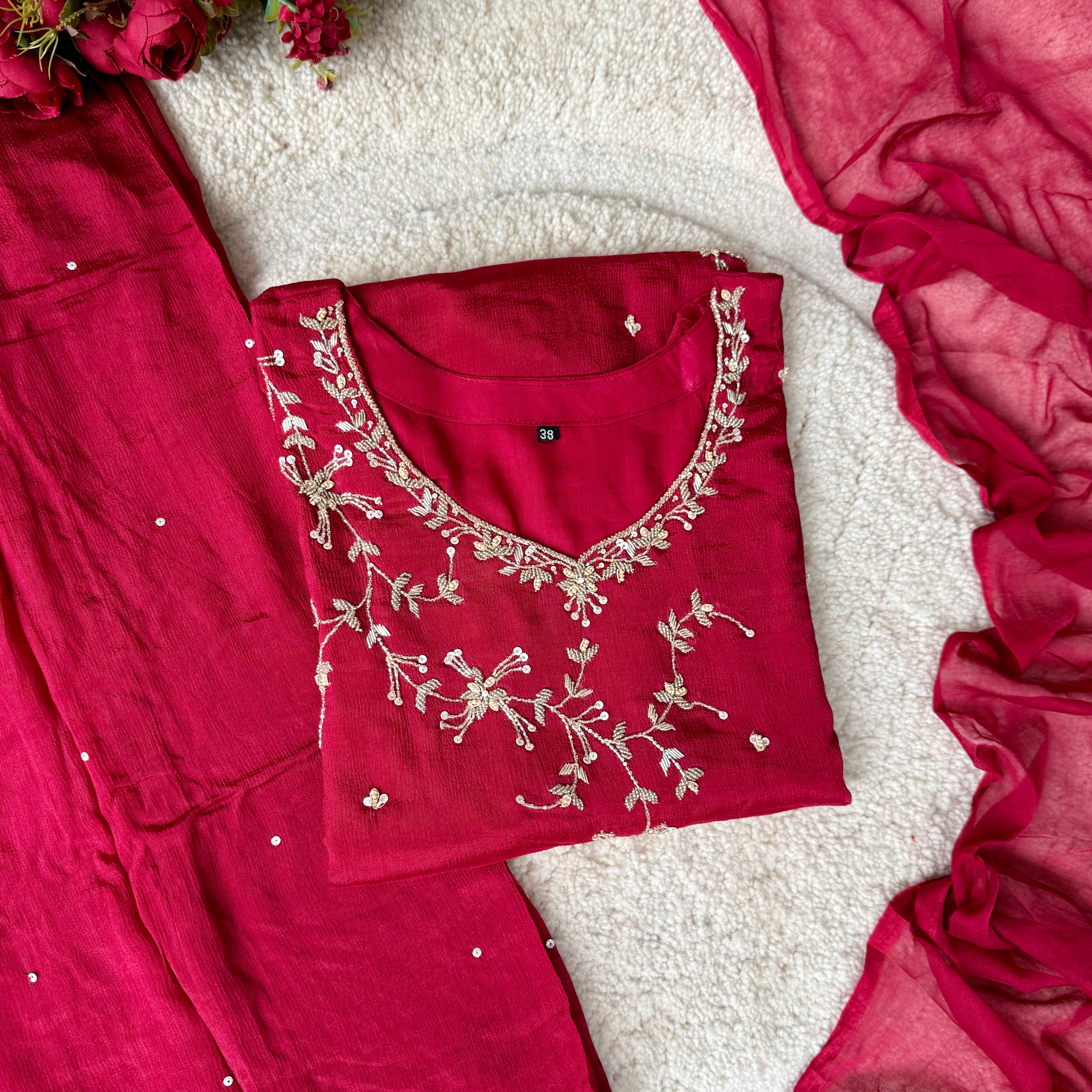 “Alya” Chinnon Silk Heavy Handwork Kurta Palazzo Set with Dupatta