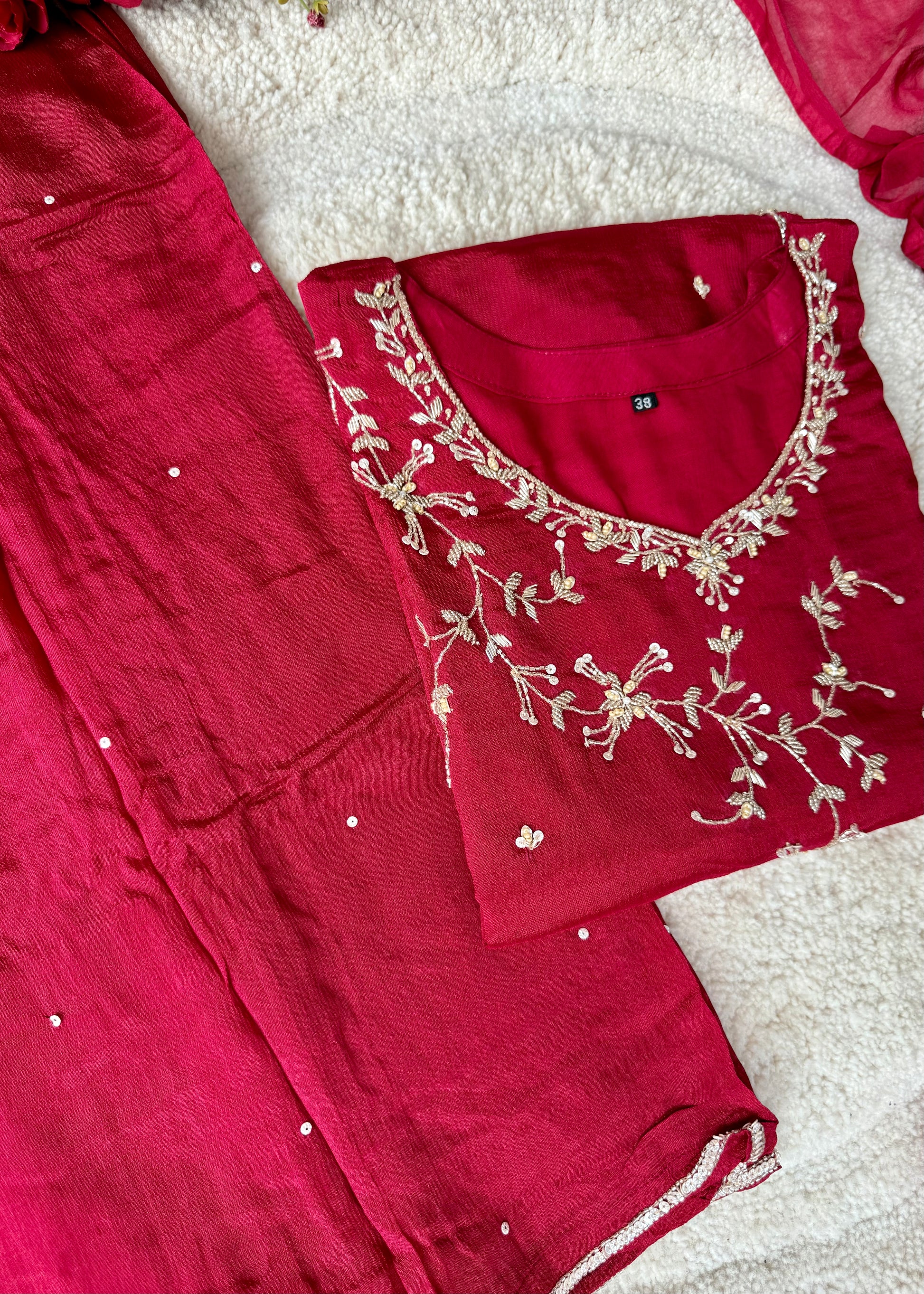 “Alya” Chinnon Silk Heavy Handwork Kurta Palazzo Set with Dupatta