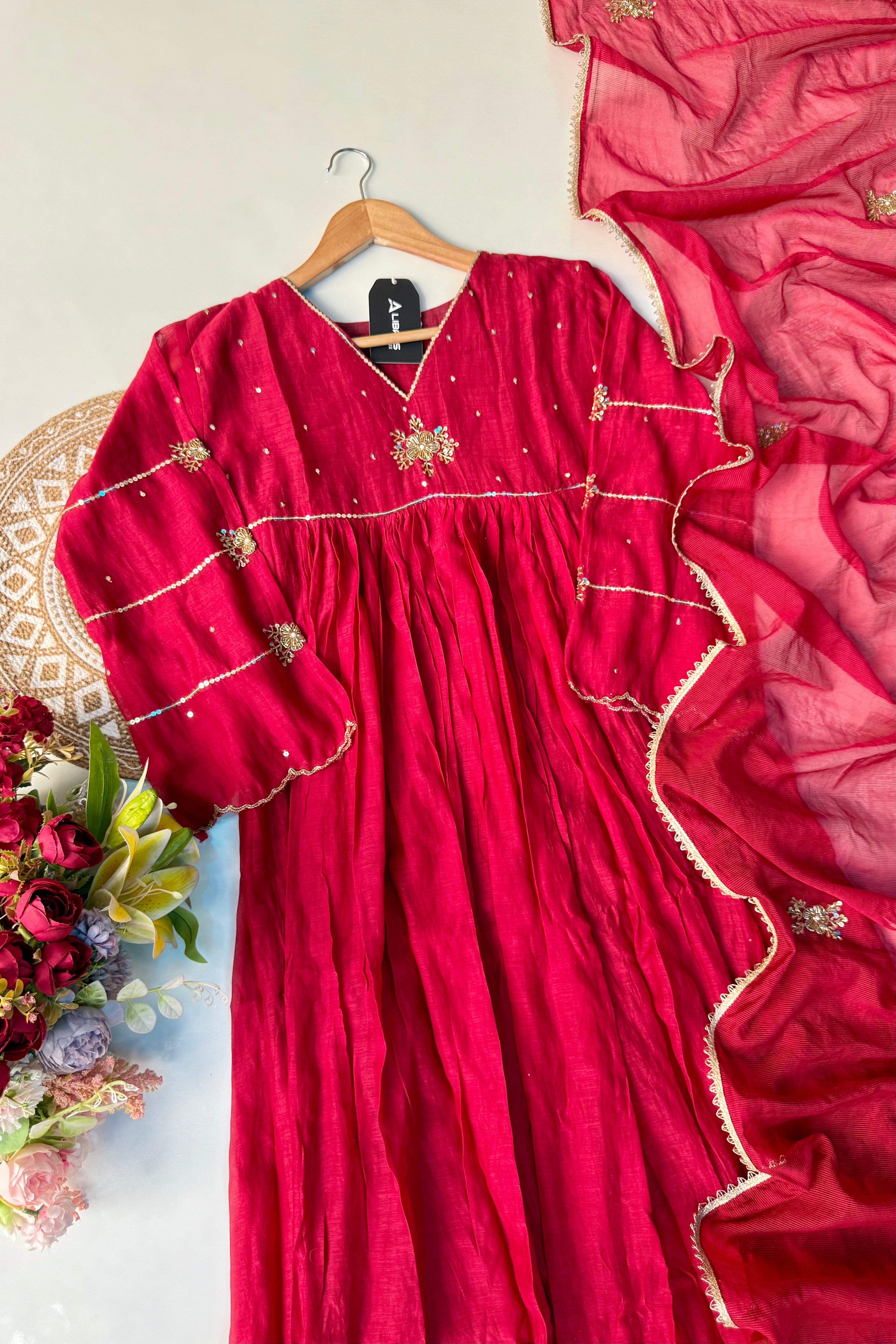 “Anya” Beautiful Red Mul Chanderi Anarkali Kurta Set