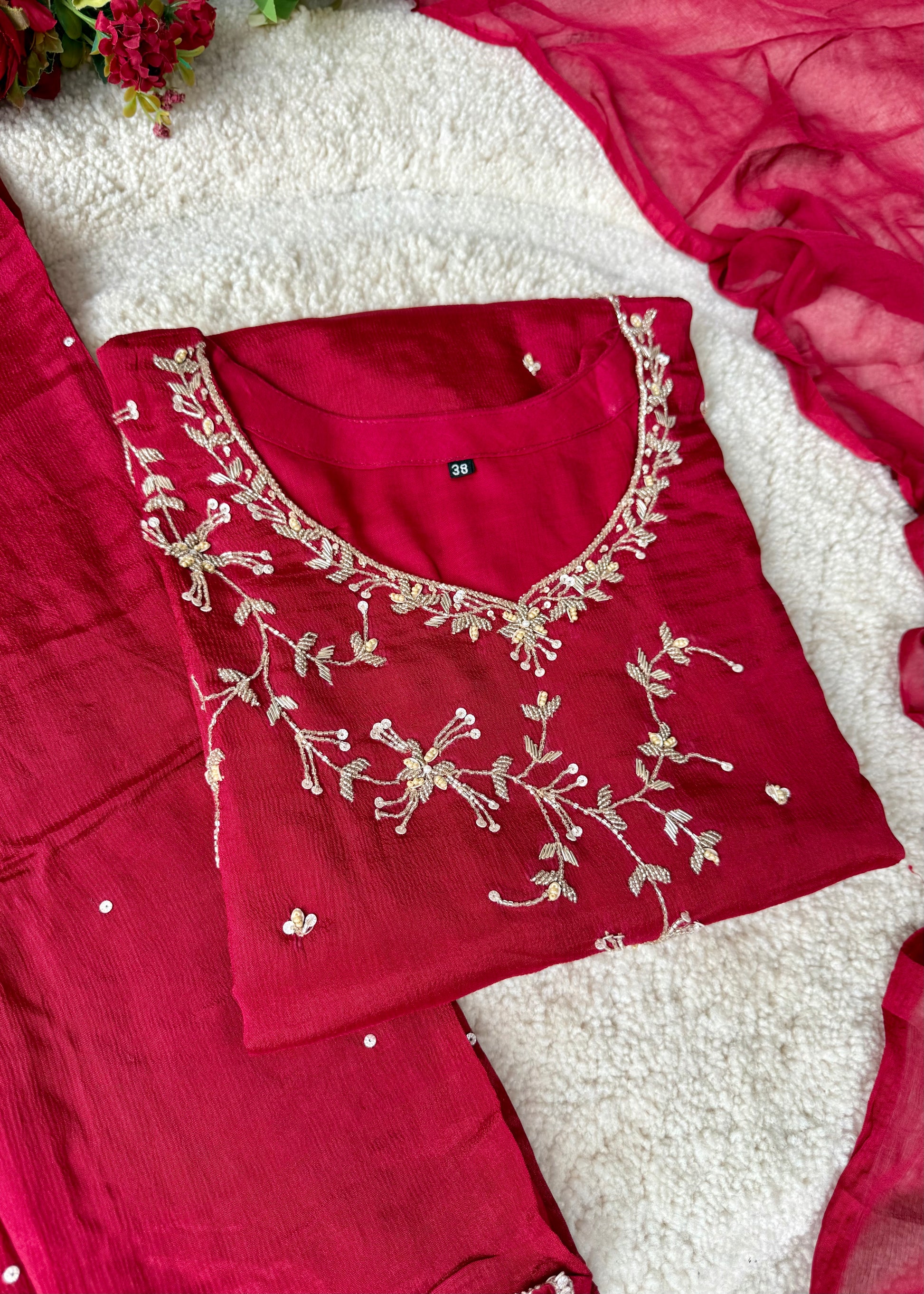 “Alya” Chinnon Silk Heavy Handwork Kurta Palazzo Set with Dupatta