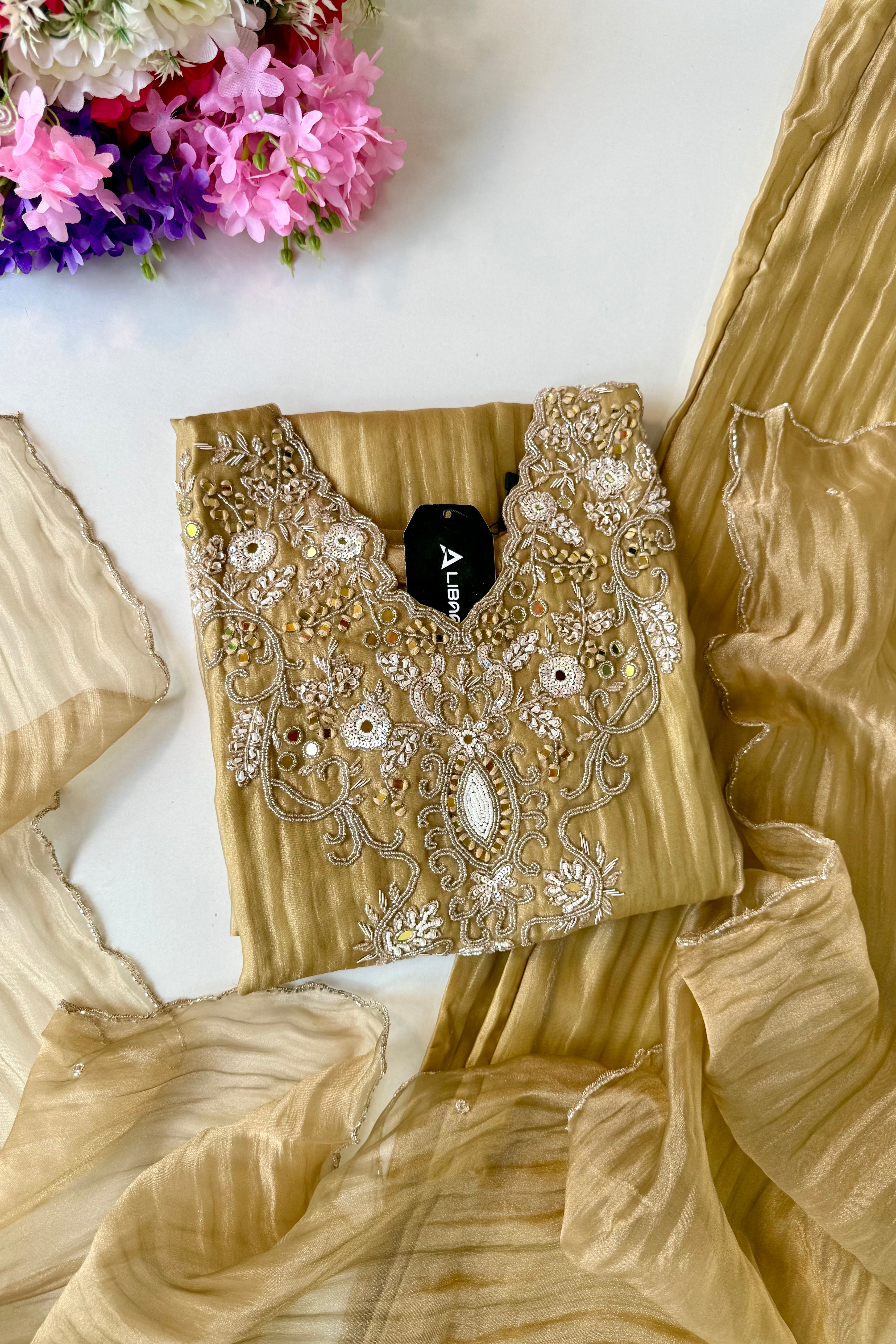 ✨Abeer Gold – Designer Gold Glass Tissue Kurta Set