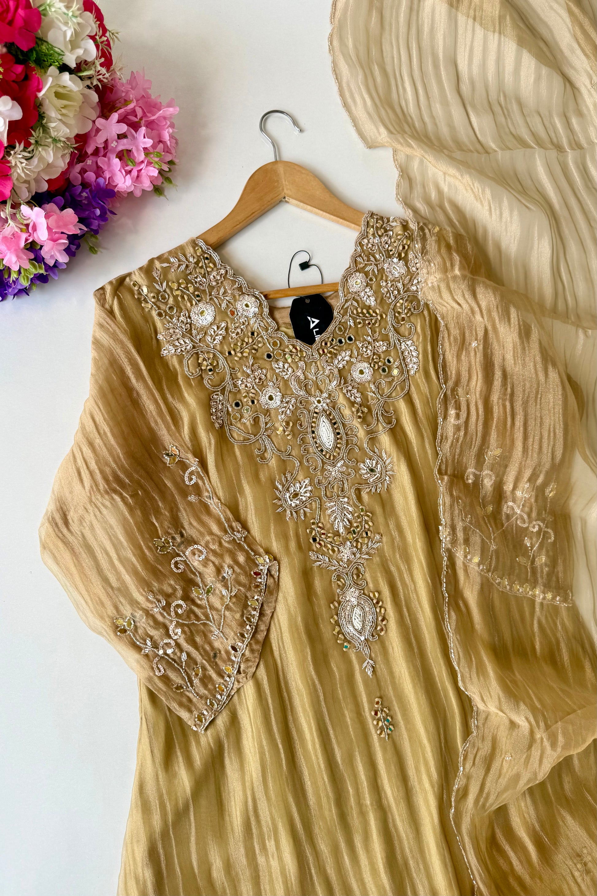 ✨Abeer Gold – Designer Gold Glass Tissue Kurta Set