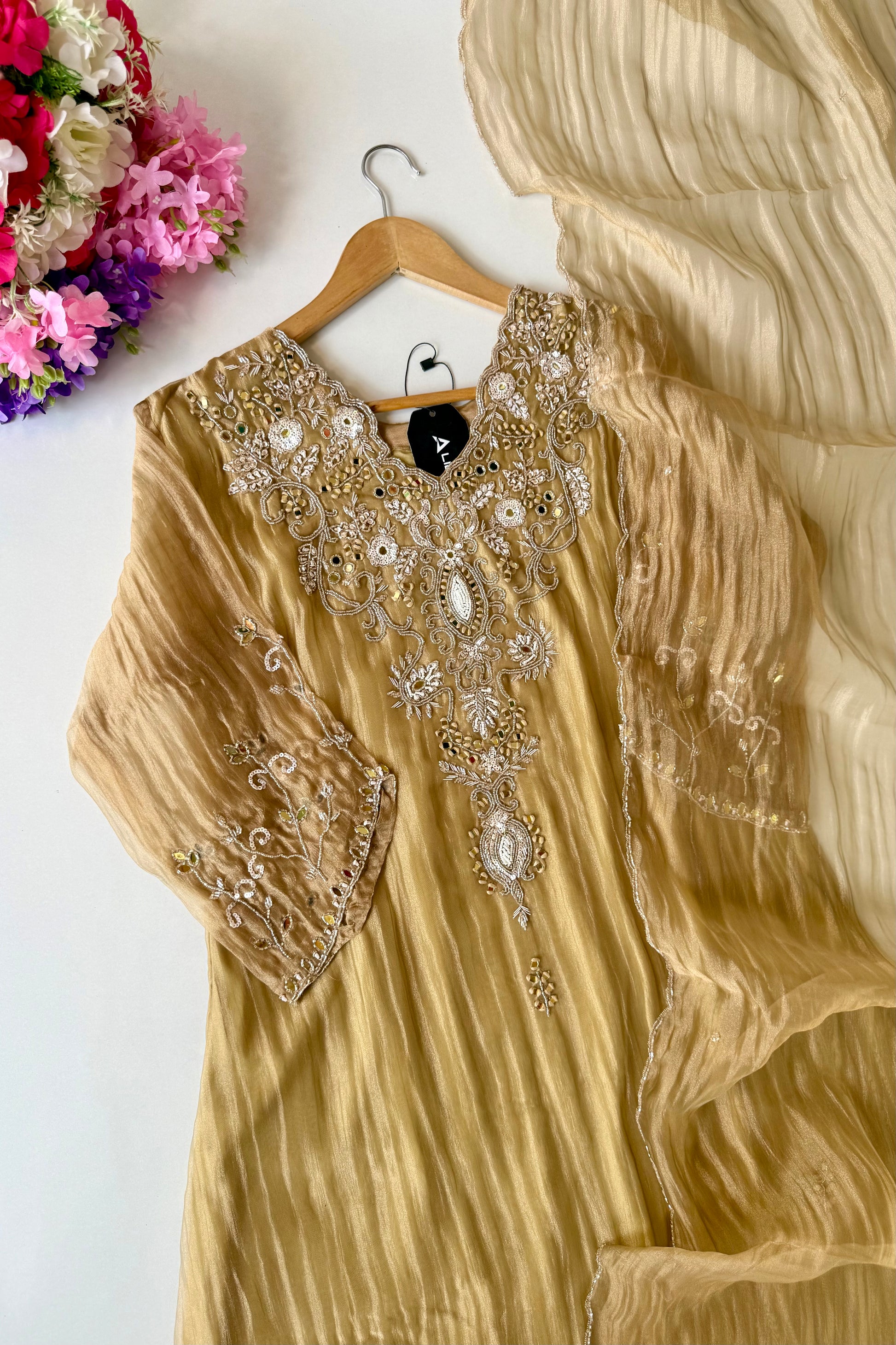 ✨Abeer Gold – Designer Gold Glass Tissue Kurta Set