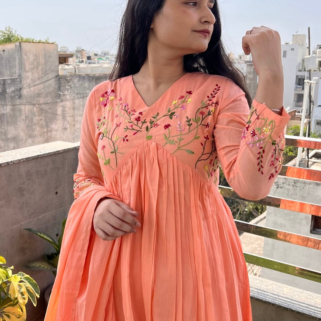 “Ziva” Beautiful Mul Cotton Embroidered Anarkali Kurta Set