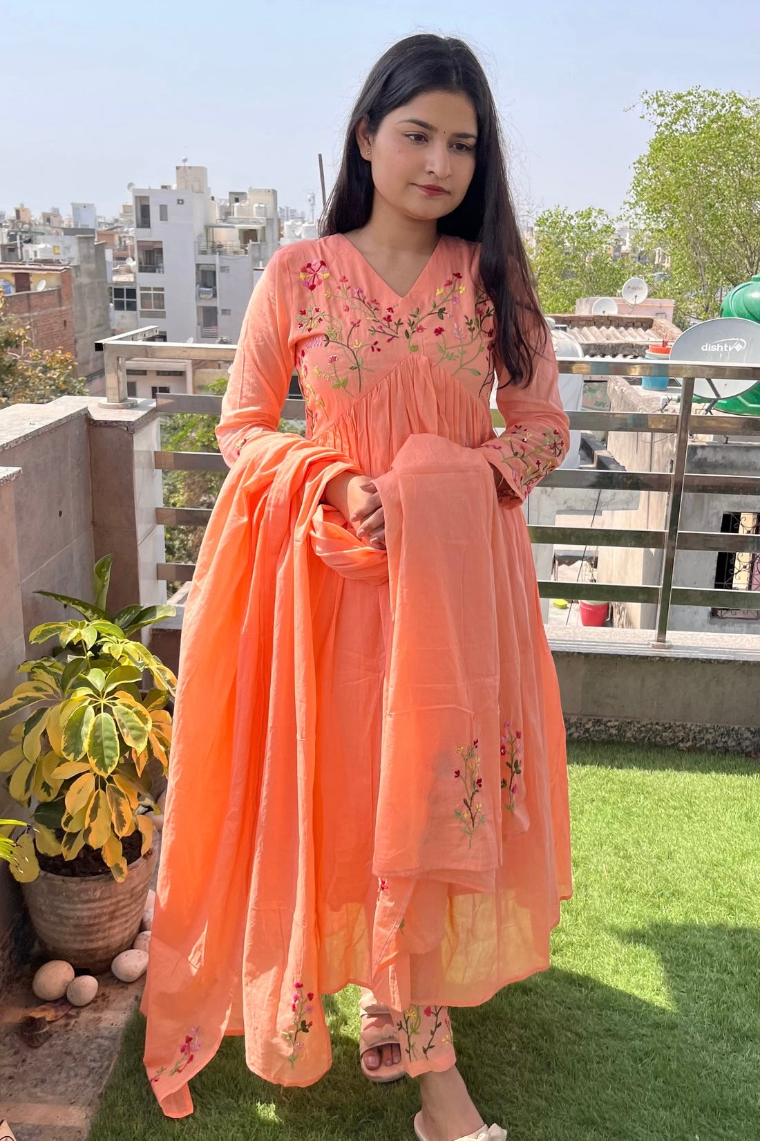 “Ziva” Beautiful Mul Cotton Embroidered Anarkali Kurta Set