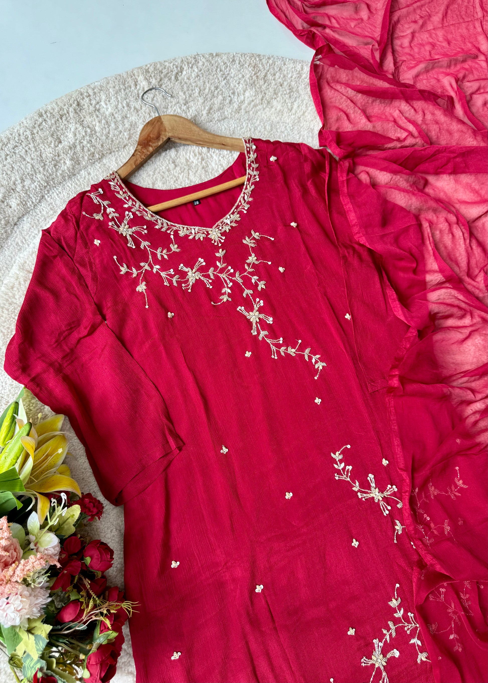 “Alya” Chinnon Silk Heavy Handwork Kurta Palazzo Set with Dupatta