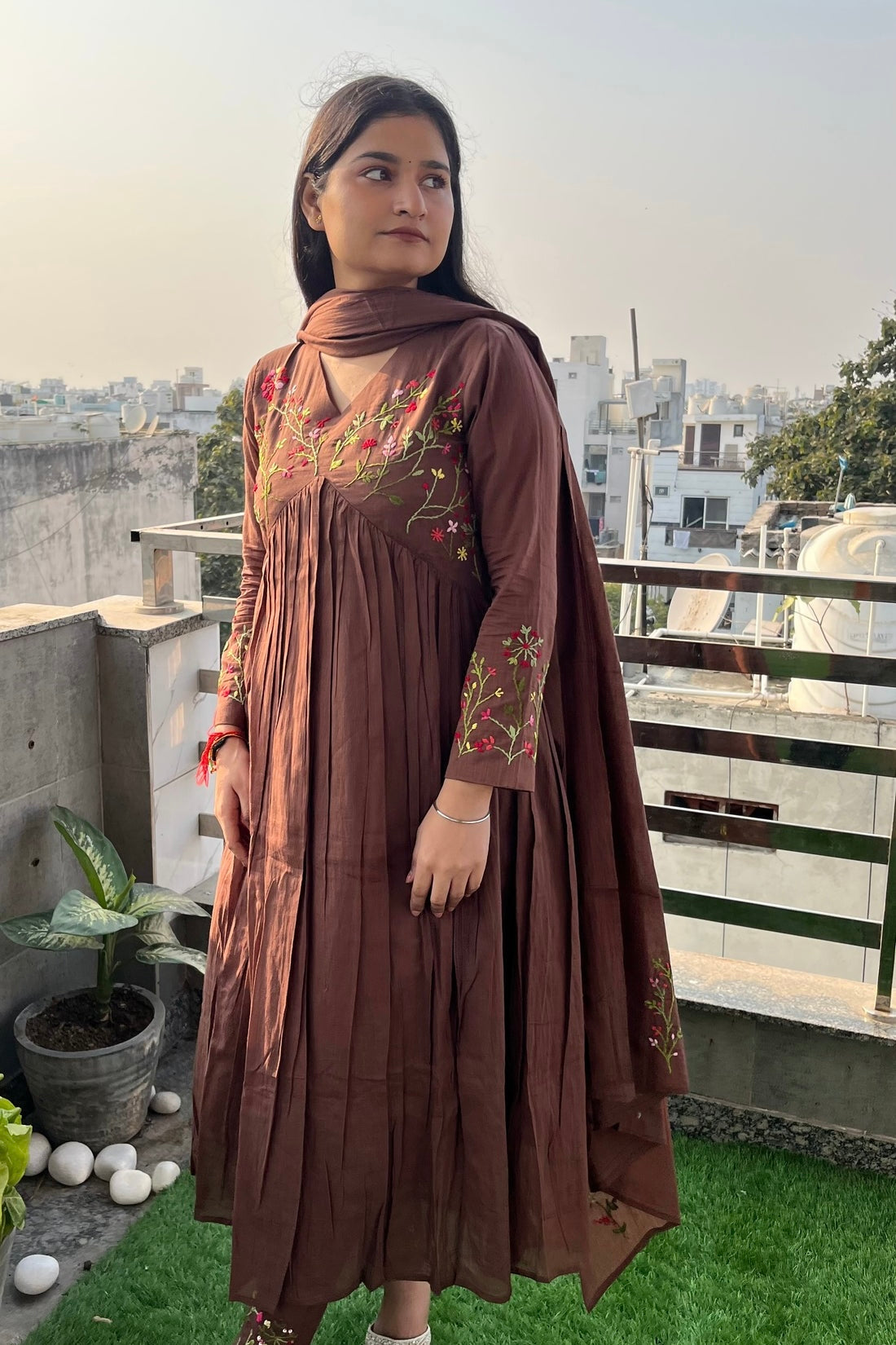 “Ziva” Beautiful Mul Cotton Embroidered Anarkali Kurta Set