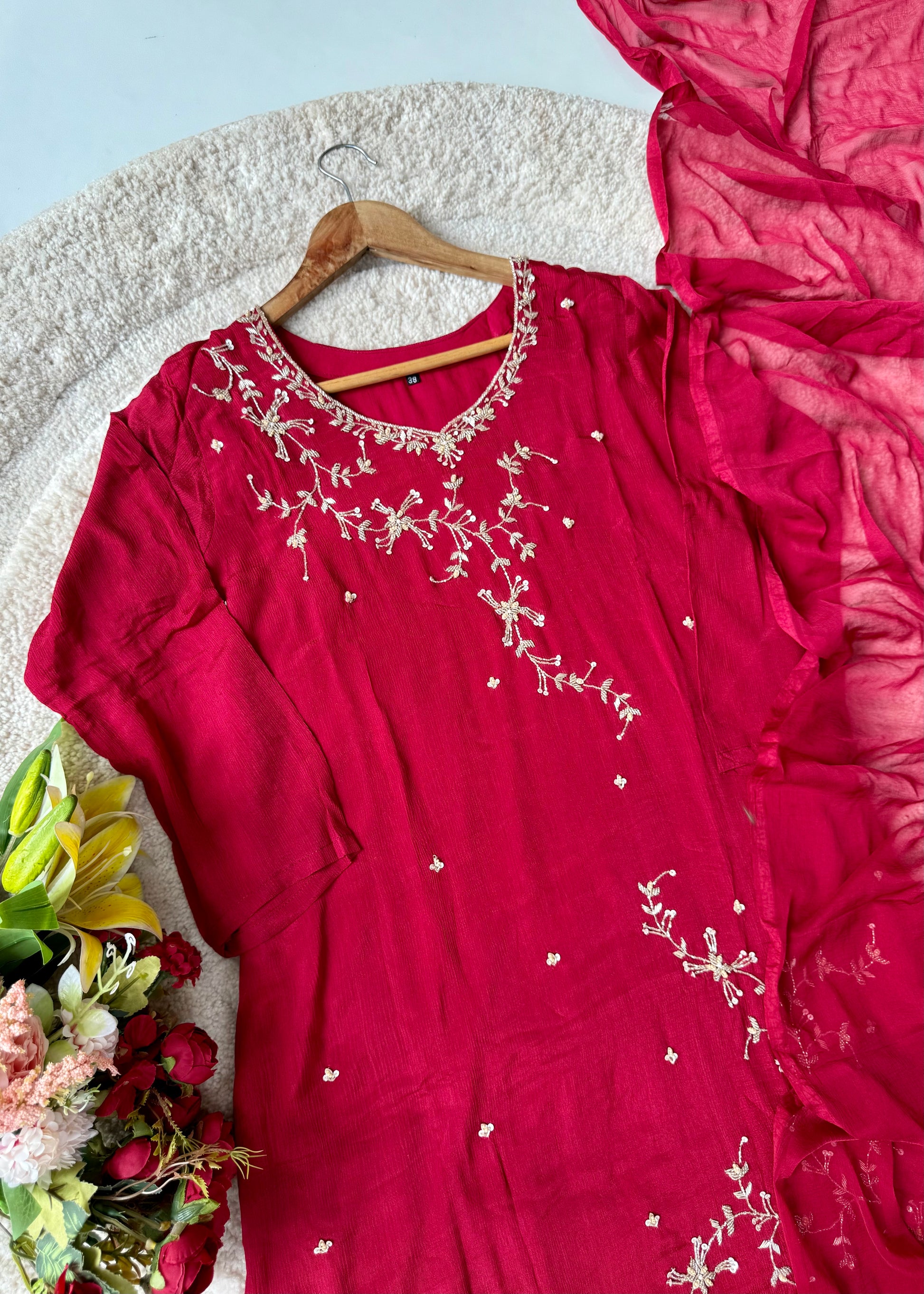 “Alya” Chinnon Silk Heavy Handwork Kurta Palazzo Set with Dupatta