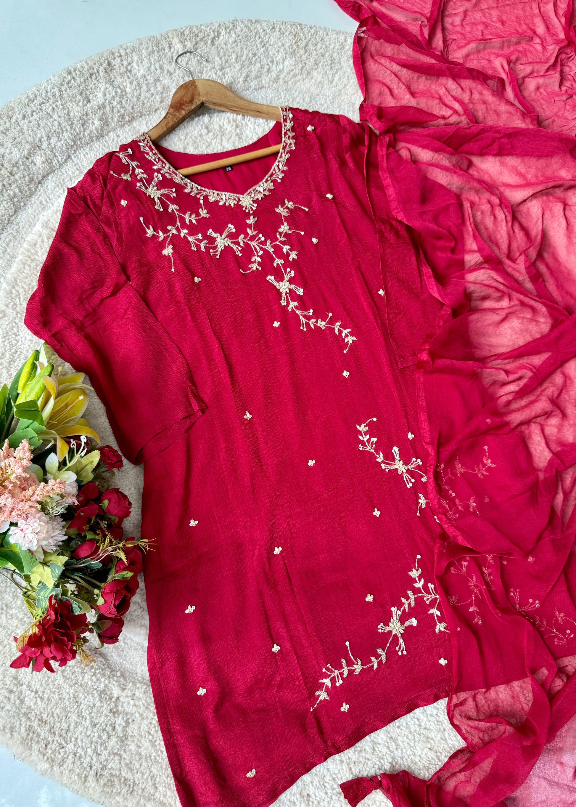 “Alya” Chinnon Silk Heavy Handwork Kurta Palazzo Set with Dupatta