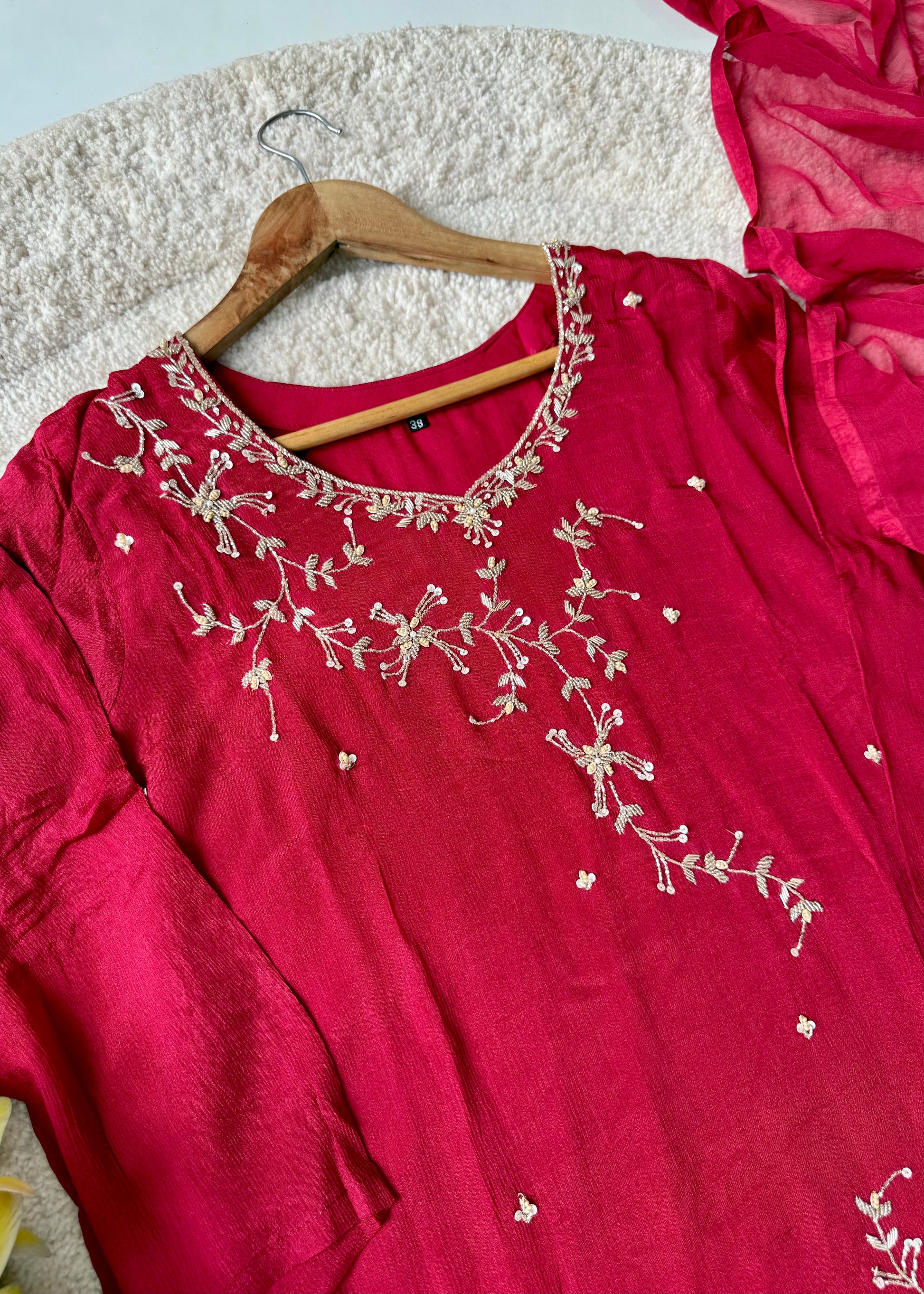 “Alya” Chinnon Silk Heavy Handwork Kurta Palazzo Set with Dupatta