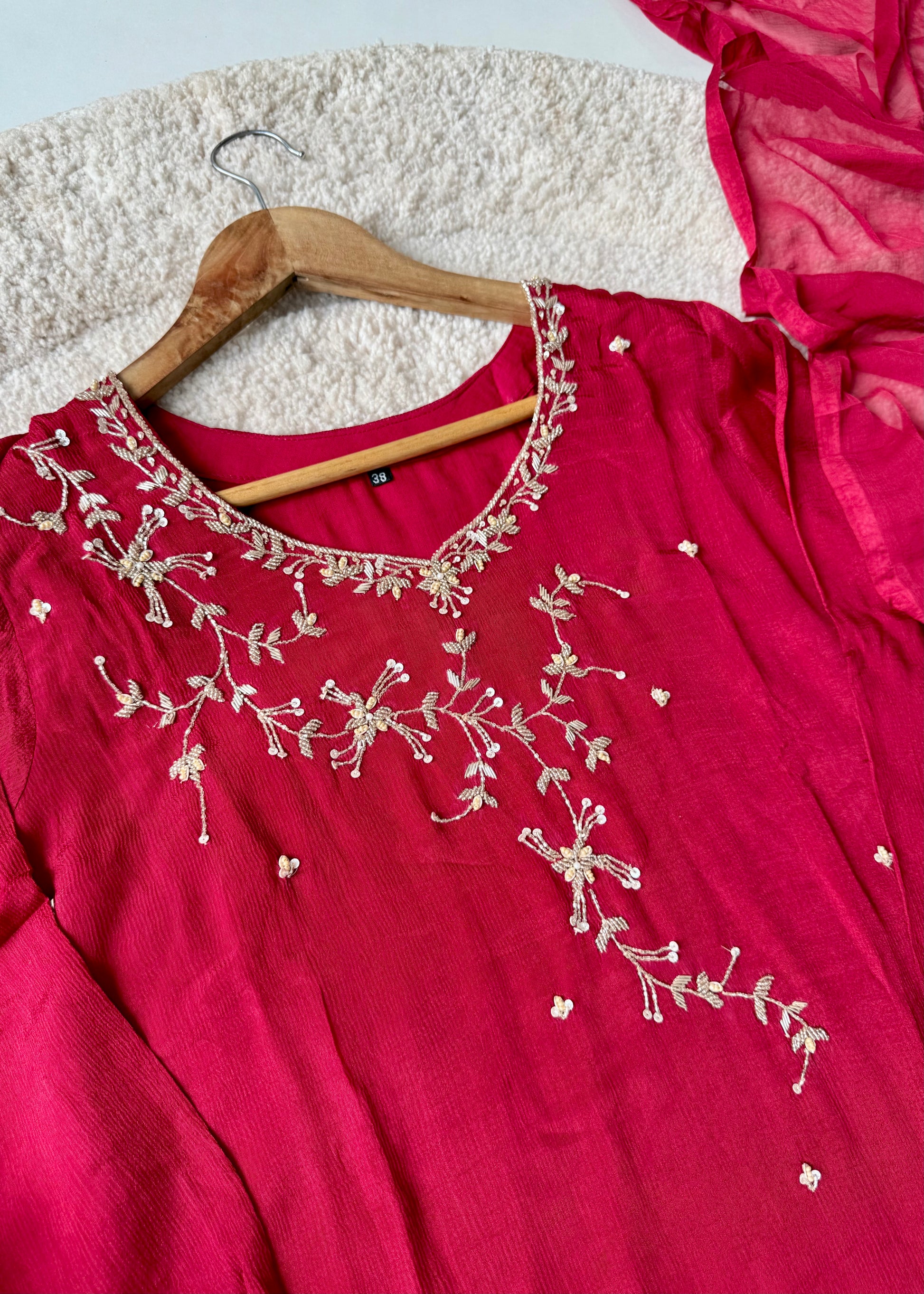 “Alya” Chinnon Silk Heavy Handwork Kurta Palazzo Set with Dupatta
