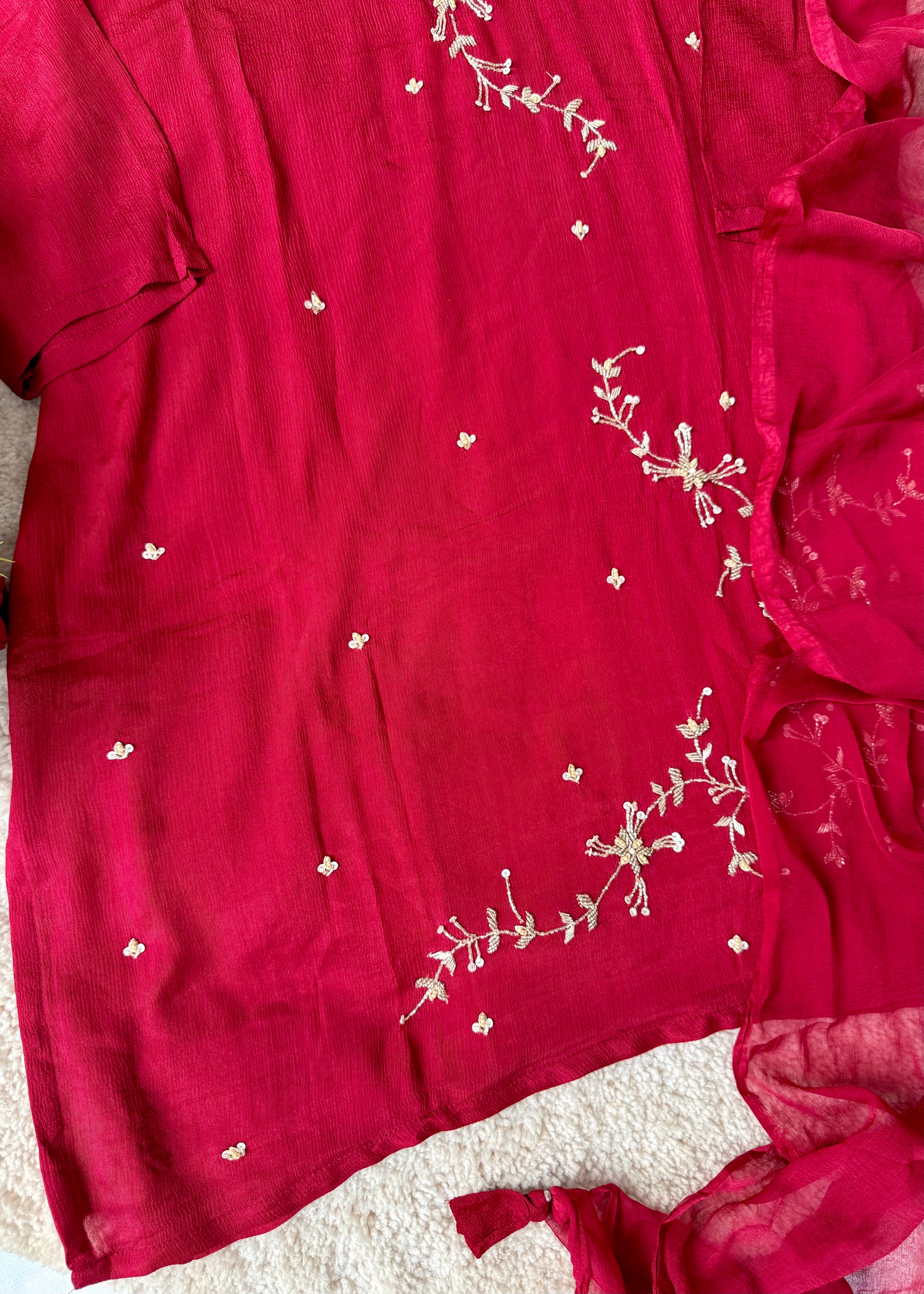 “Alya” Chinnon Silk Heavy Handwork Kurta Palazzo Set with Dupatta